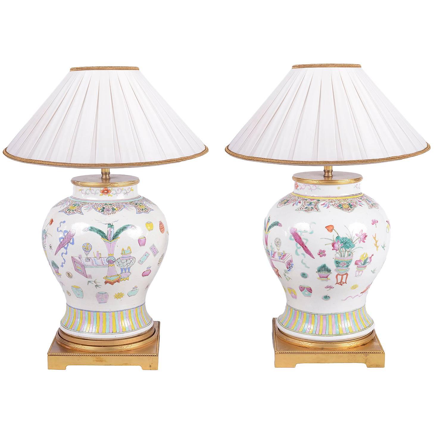 Pair of 19th Century Chinese Famille Rose Vases or Lamps