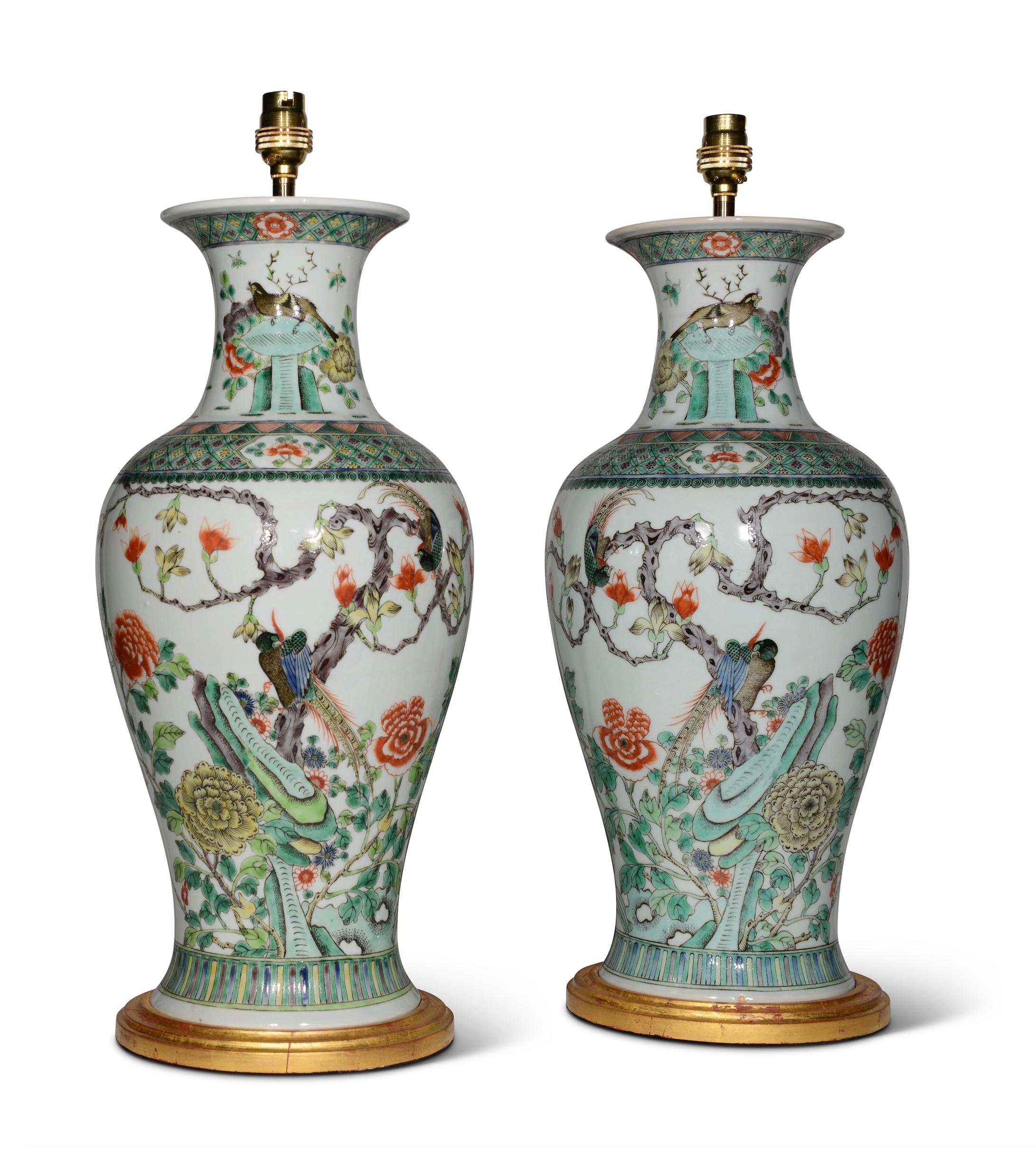 Glazed Pair of 19th Century Chinese Famille Verte Baluster Antique Table Lamps
