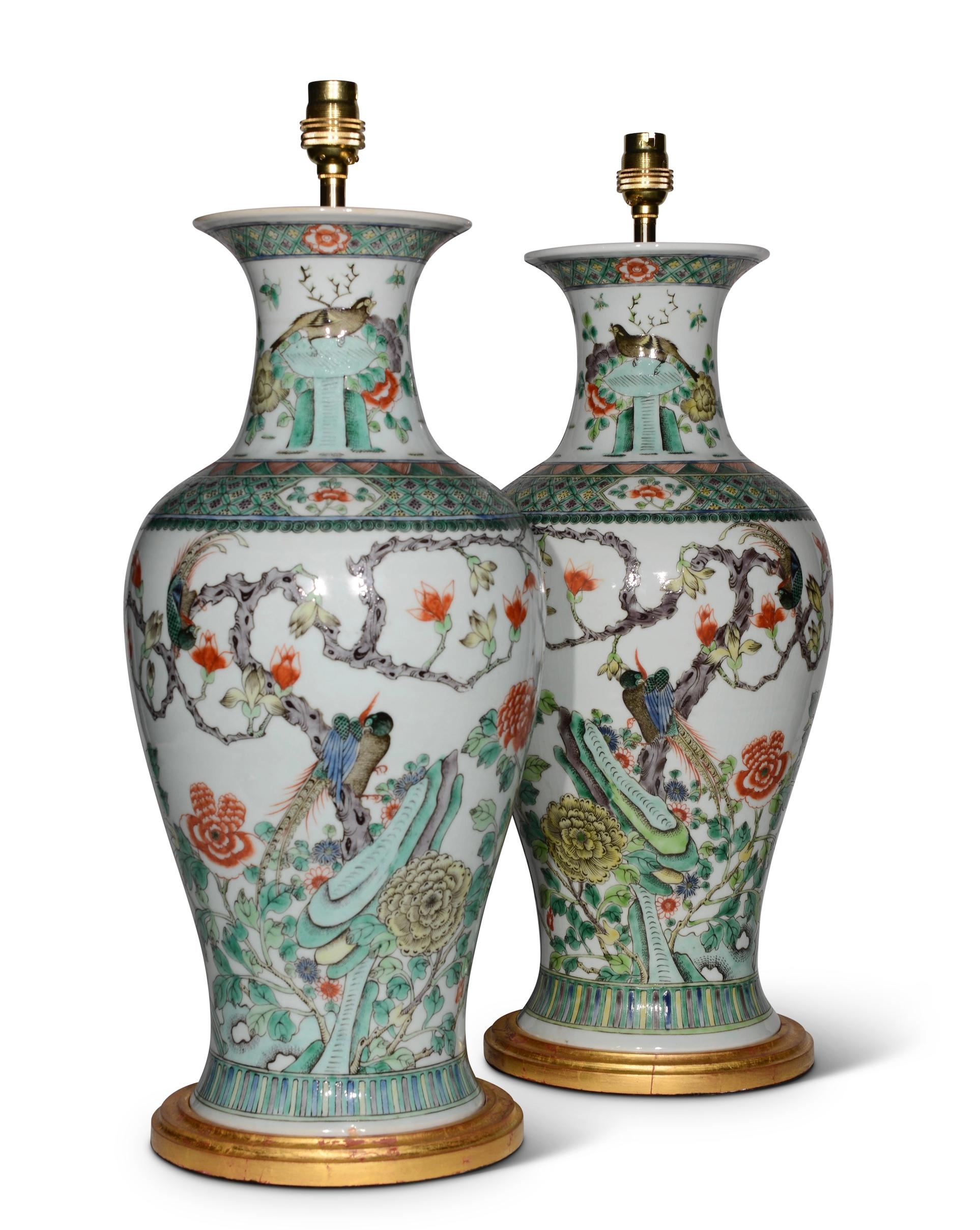 Pair of 19th Century Chinese Famille Verte Baluster Antique Table Lamps In Good Condition In London, GB