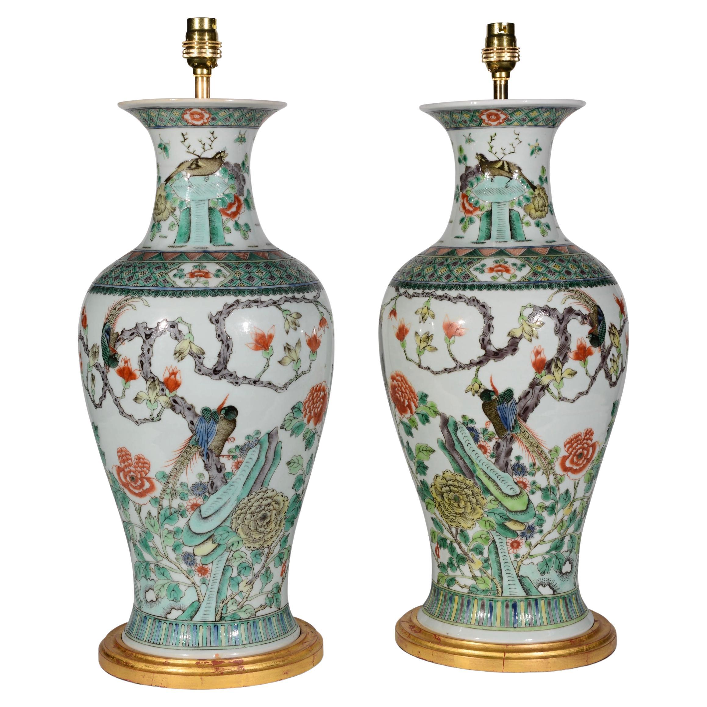 Pair of 19th Century Chinese Famille Verte Baluster Antique Table Lamps