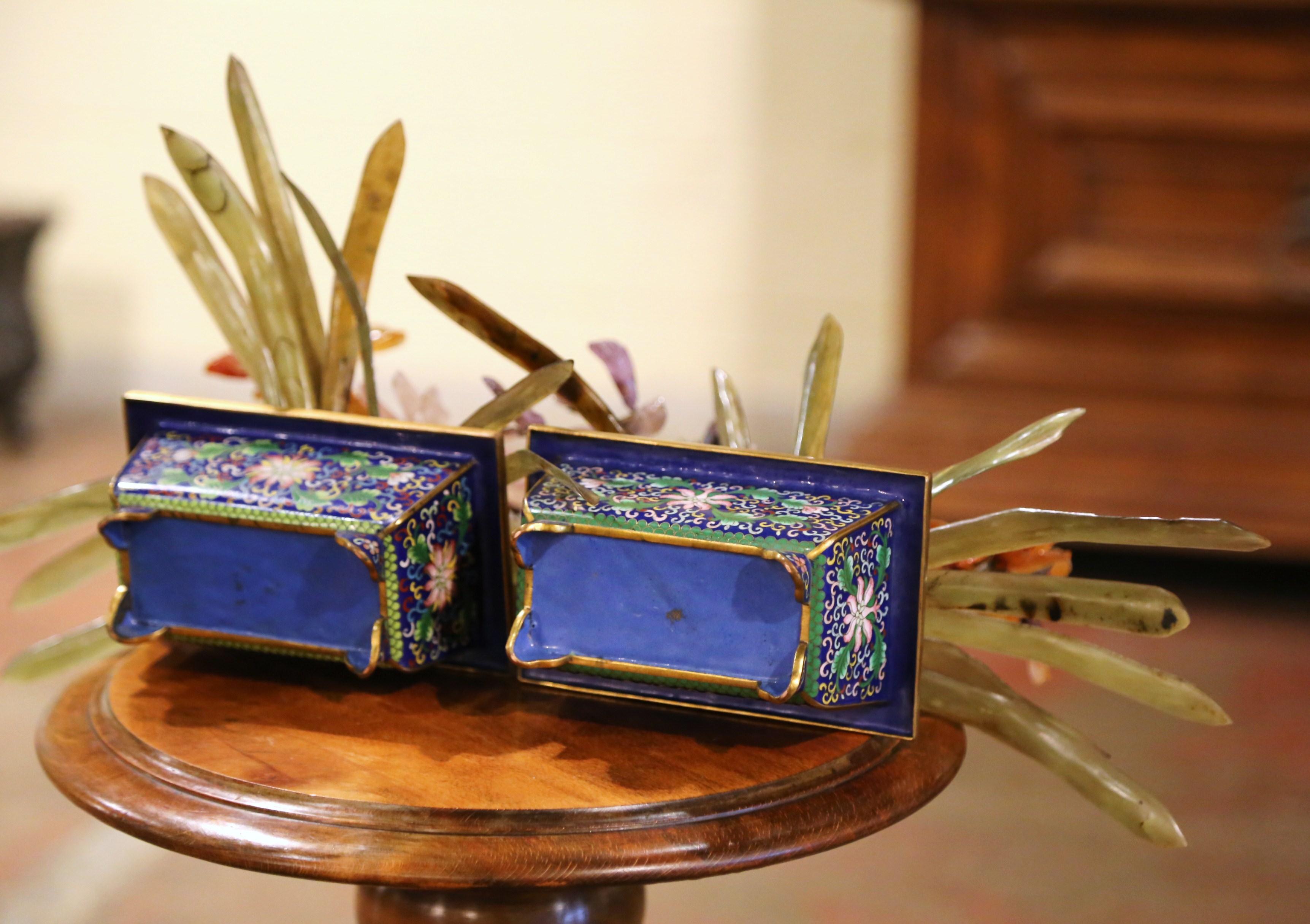 Pair of 19th-Century Chinese Floral Gemstone Jade Trees in Cloisonne Planters 4