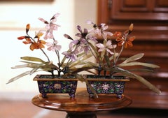 Pair of 19th-Century Chinese Floral Gemstone Jade Trees in Cloisonne Planters