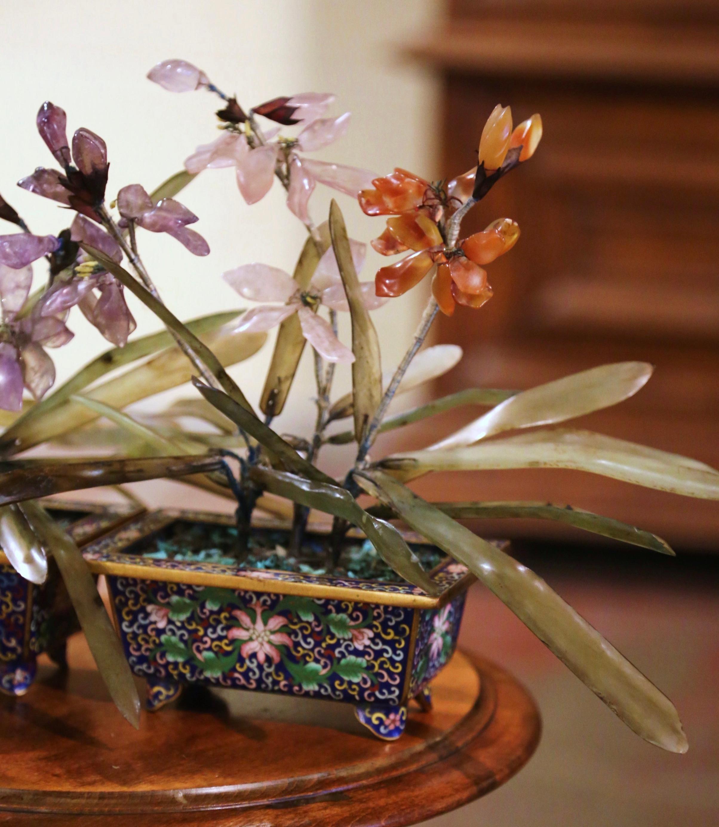 Pair of 19th-Century Chinese Floral Gemstone Jade Trees in Cloisonne Planters In Excellent Condition In Dallas, TX