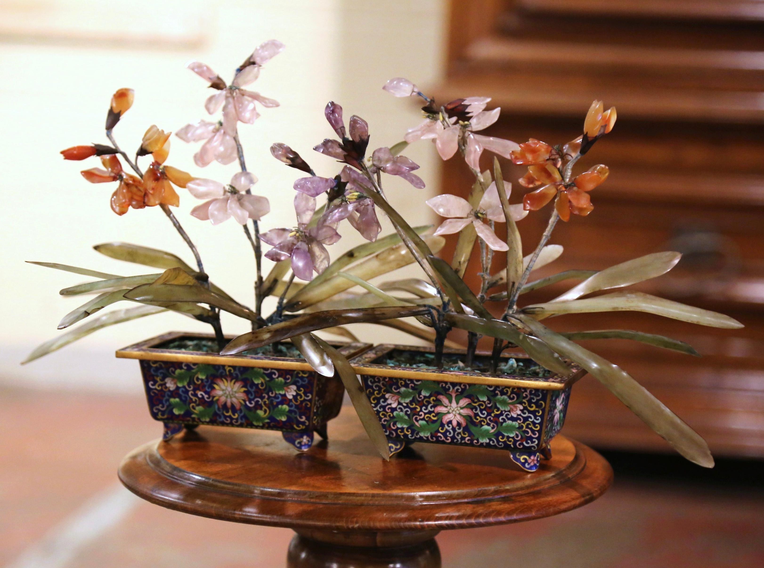 19th Century Pair of 19th-Century Chinese Floral Gemstone Jade Trees in Cloisonne Planters