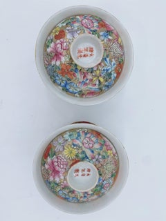 Pair of 19th Century Chinese Flower-Blossom Porcelain Cups with Cover and Base