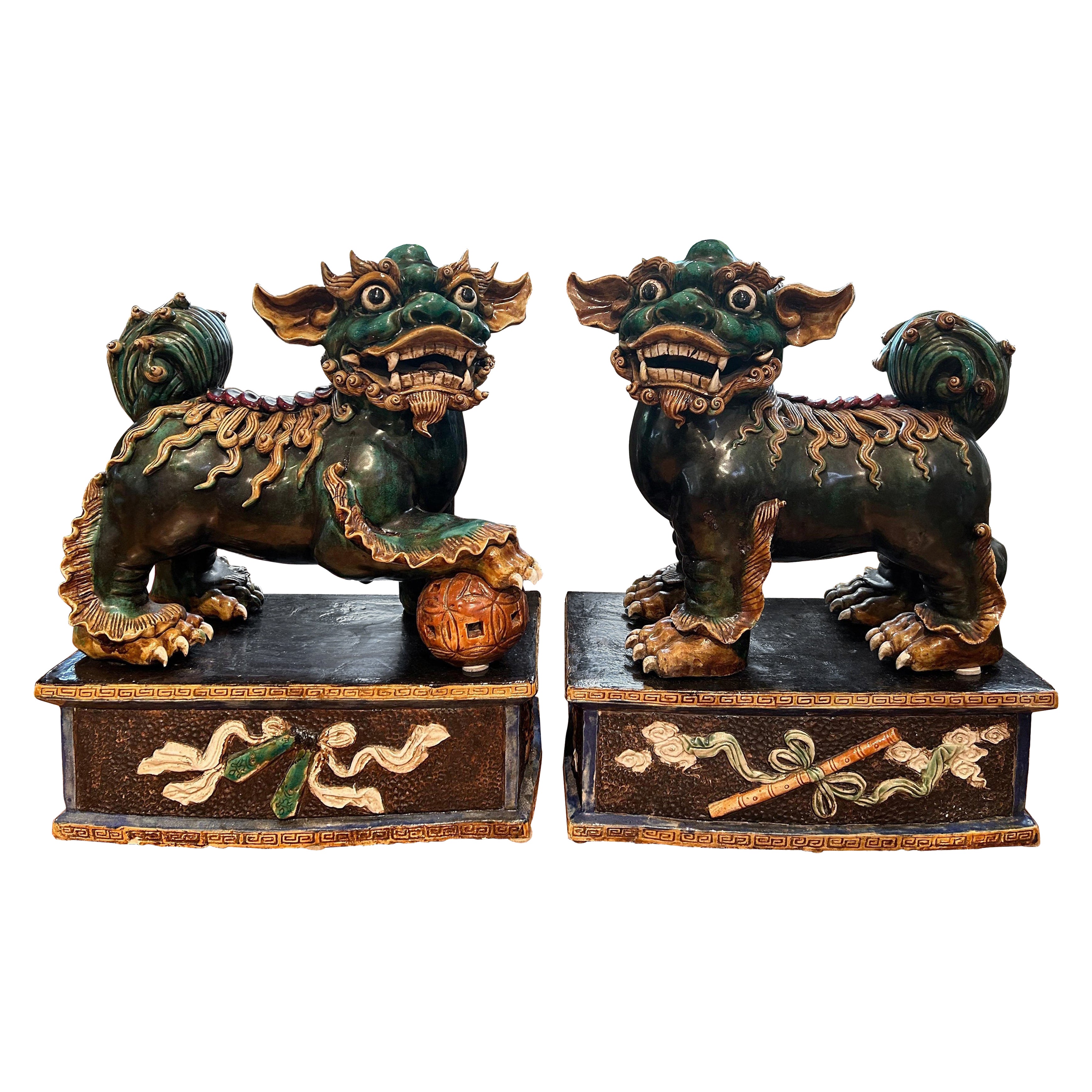 Pair Of 19th Century Chinese Foo Dogs On Stands