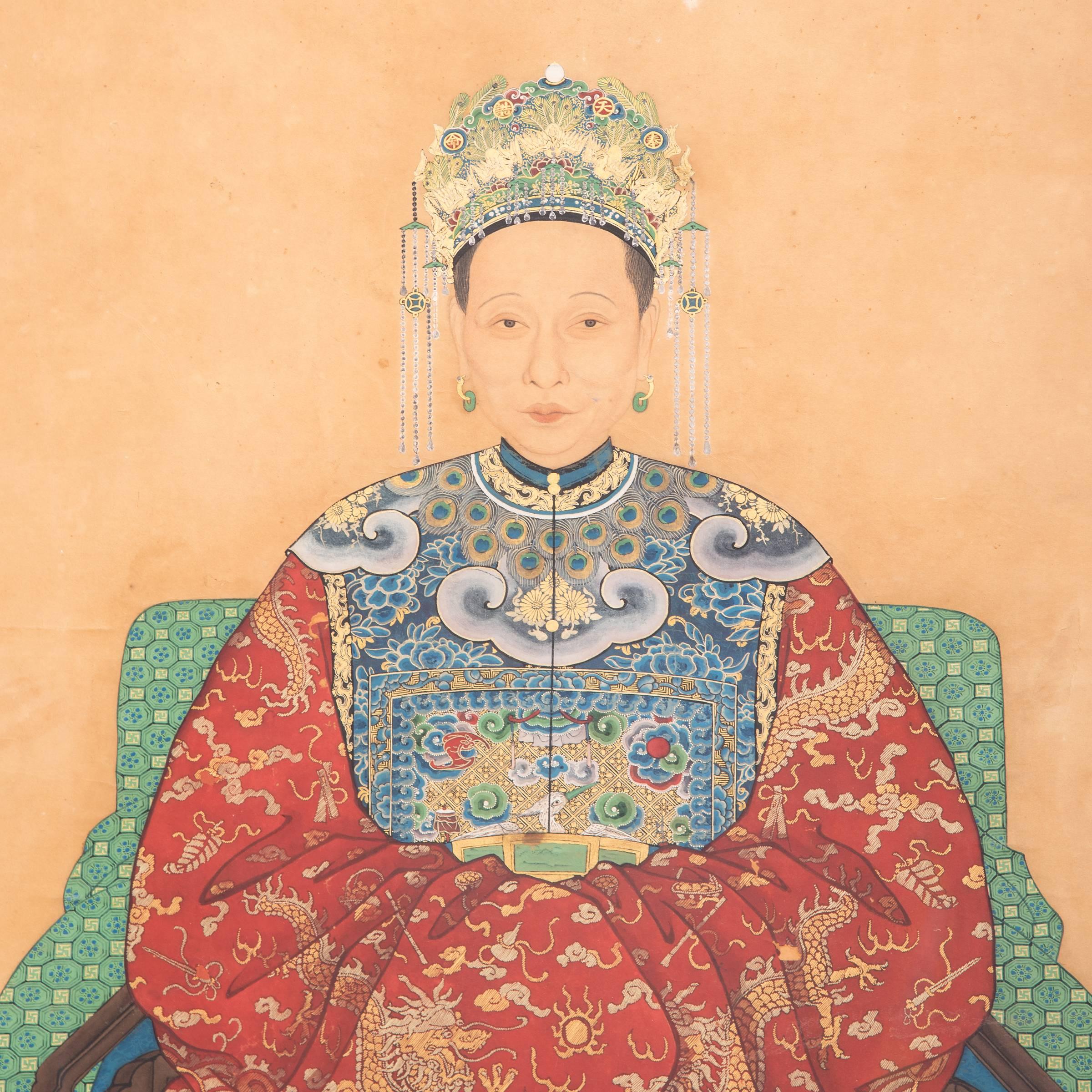 Qing Pair of 19th Century Chinese Framed Ancestor Portraits