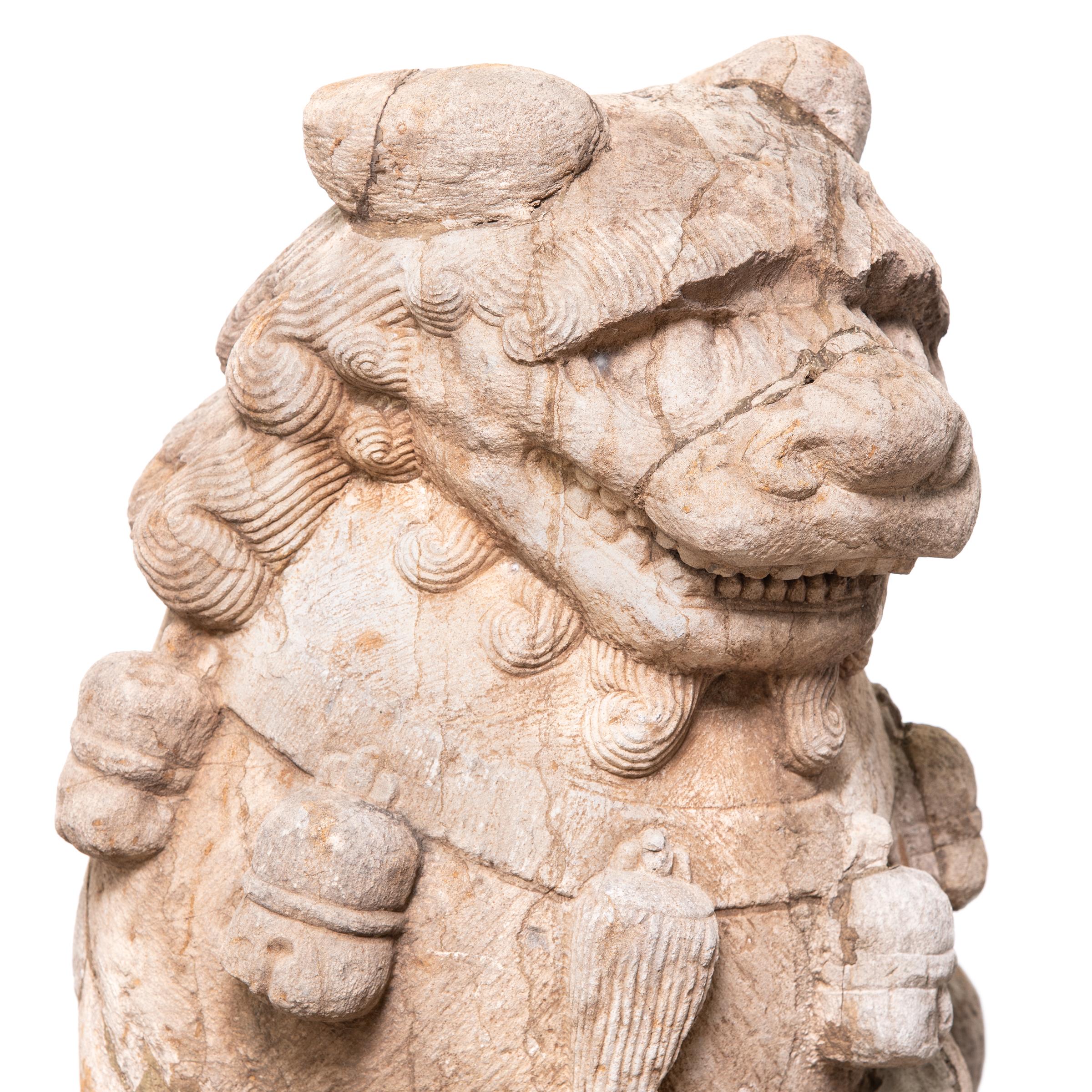 Limestone Pair of 19th Century Chinese Guardian Lion Dogs with Cubs