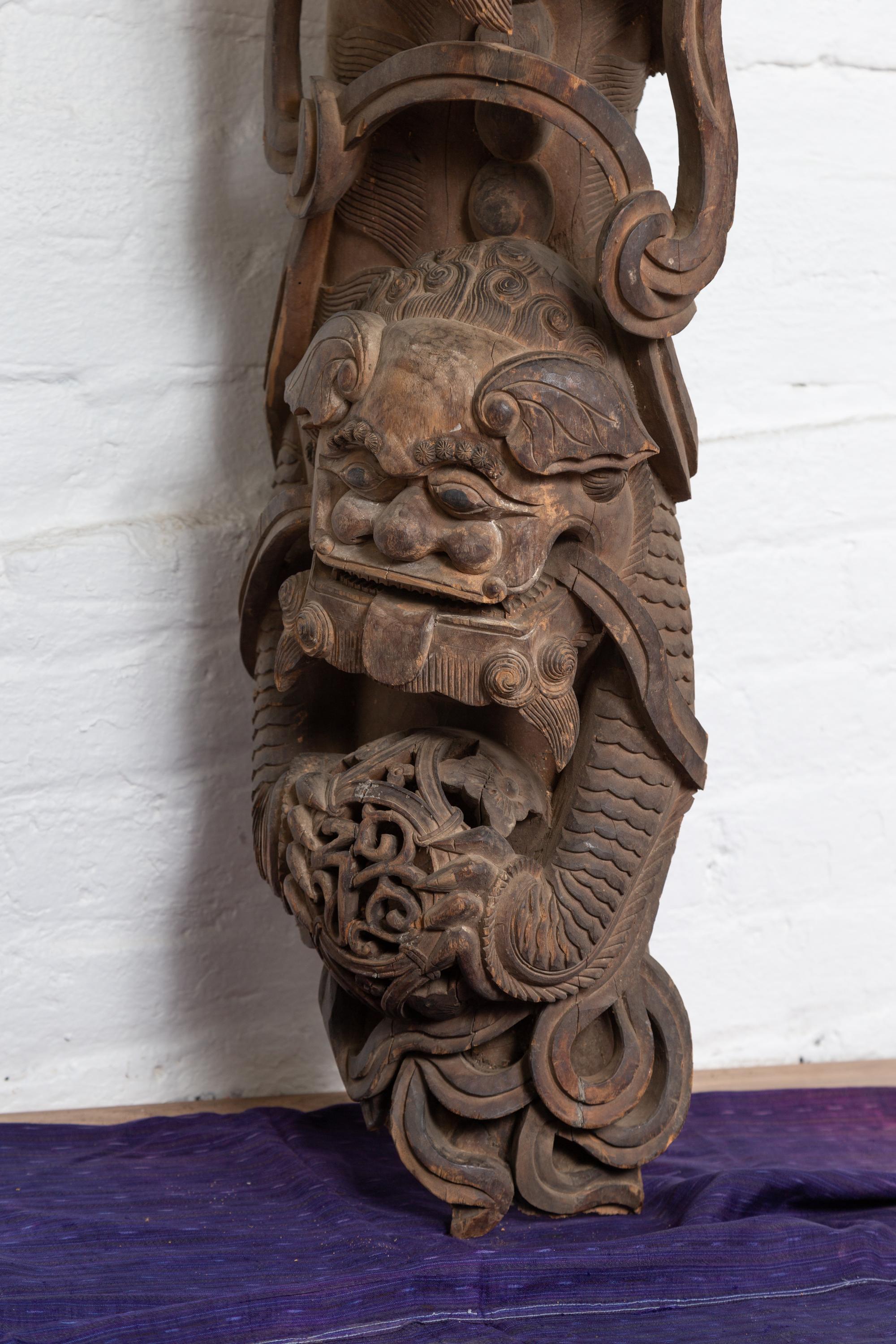 Pair of 19th Century Chinese Guardian Lions Wood Carvings from a Temple Wall 9
