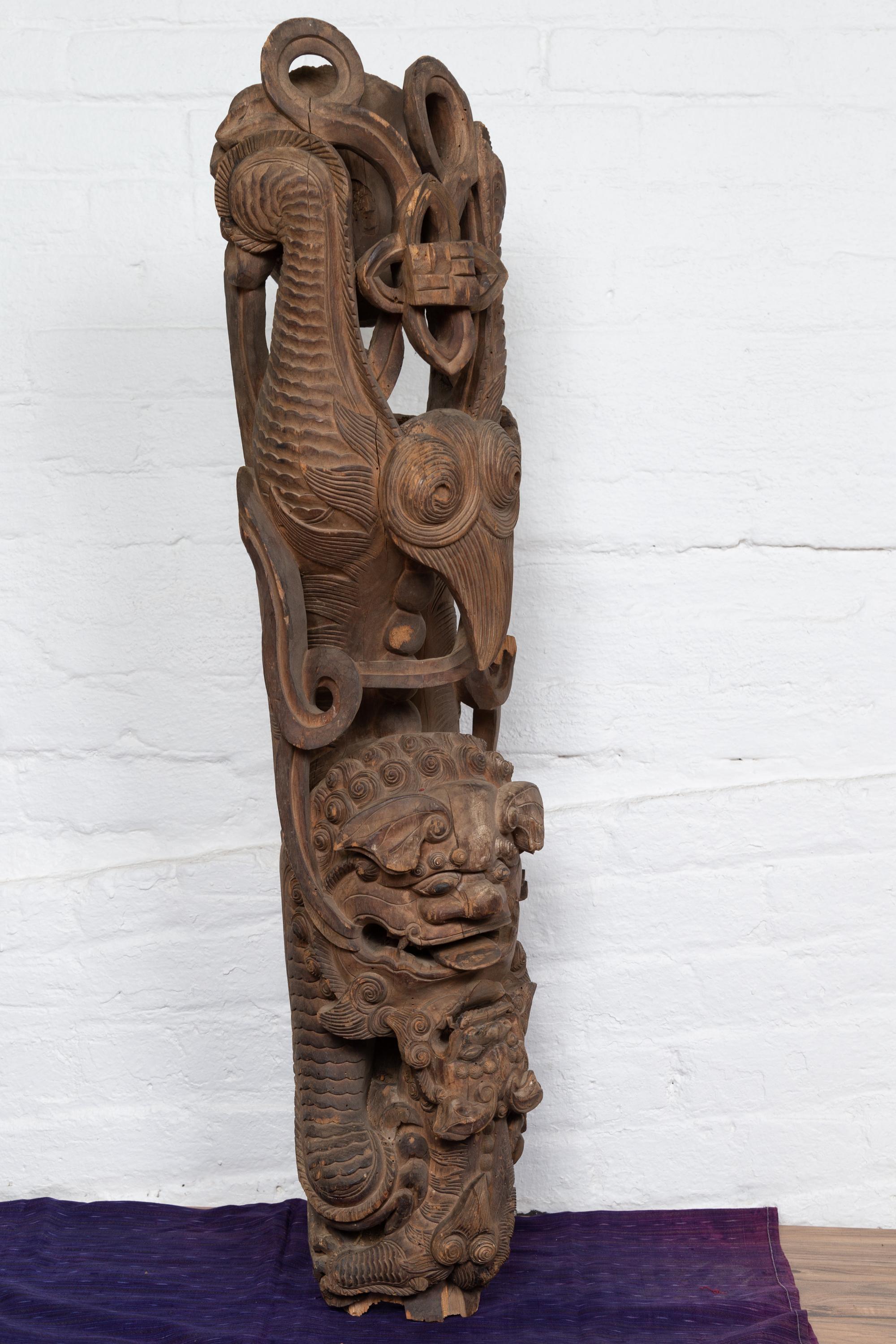 Pair of 19th Century Chinese Guardian Lions Wood Carvings from a Temple Wall 1