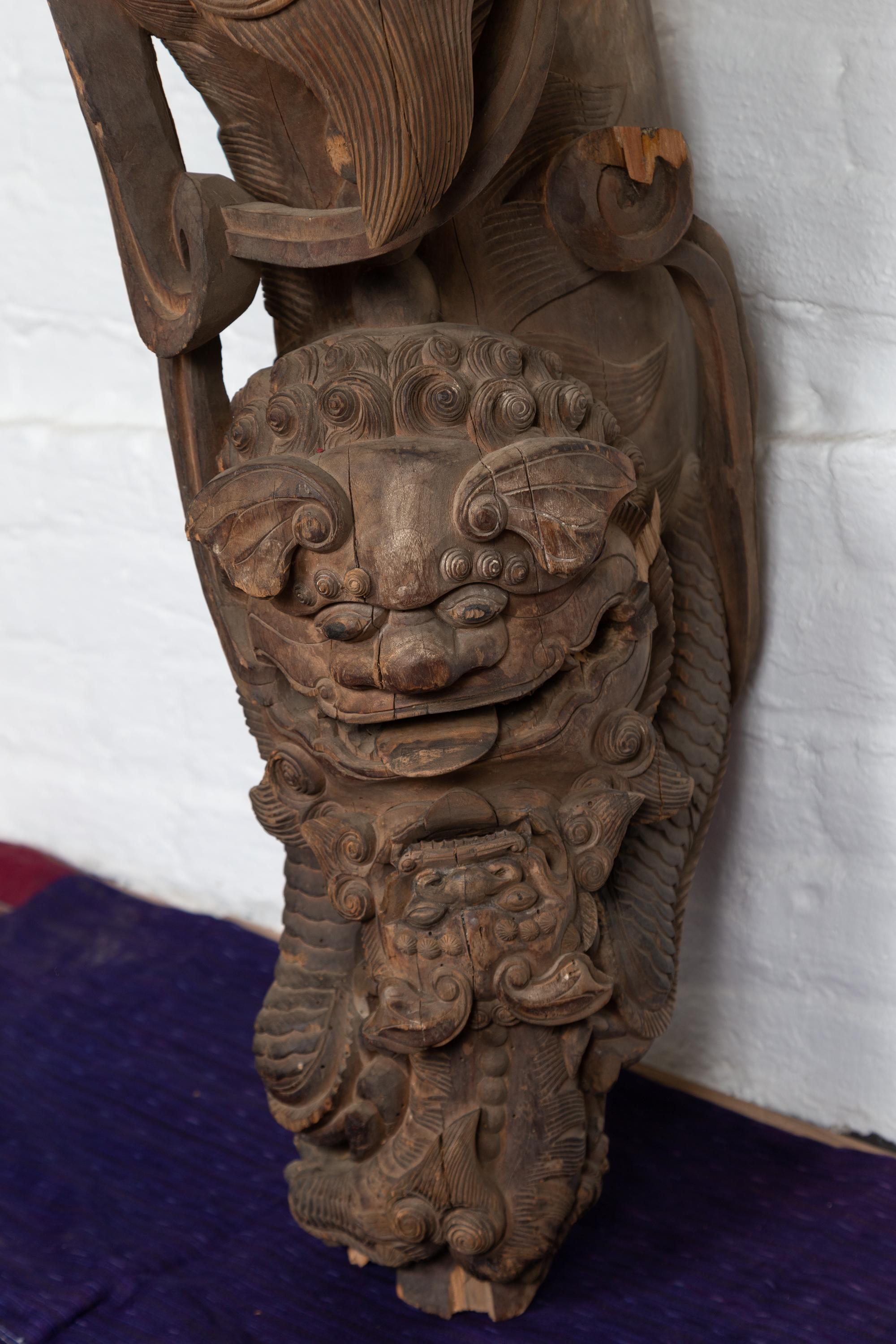 Pair of 19th Century Chinese Guardian Lions Wood Carvings from a Temple Wall 3