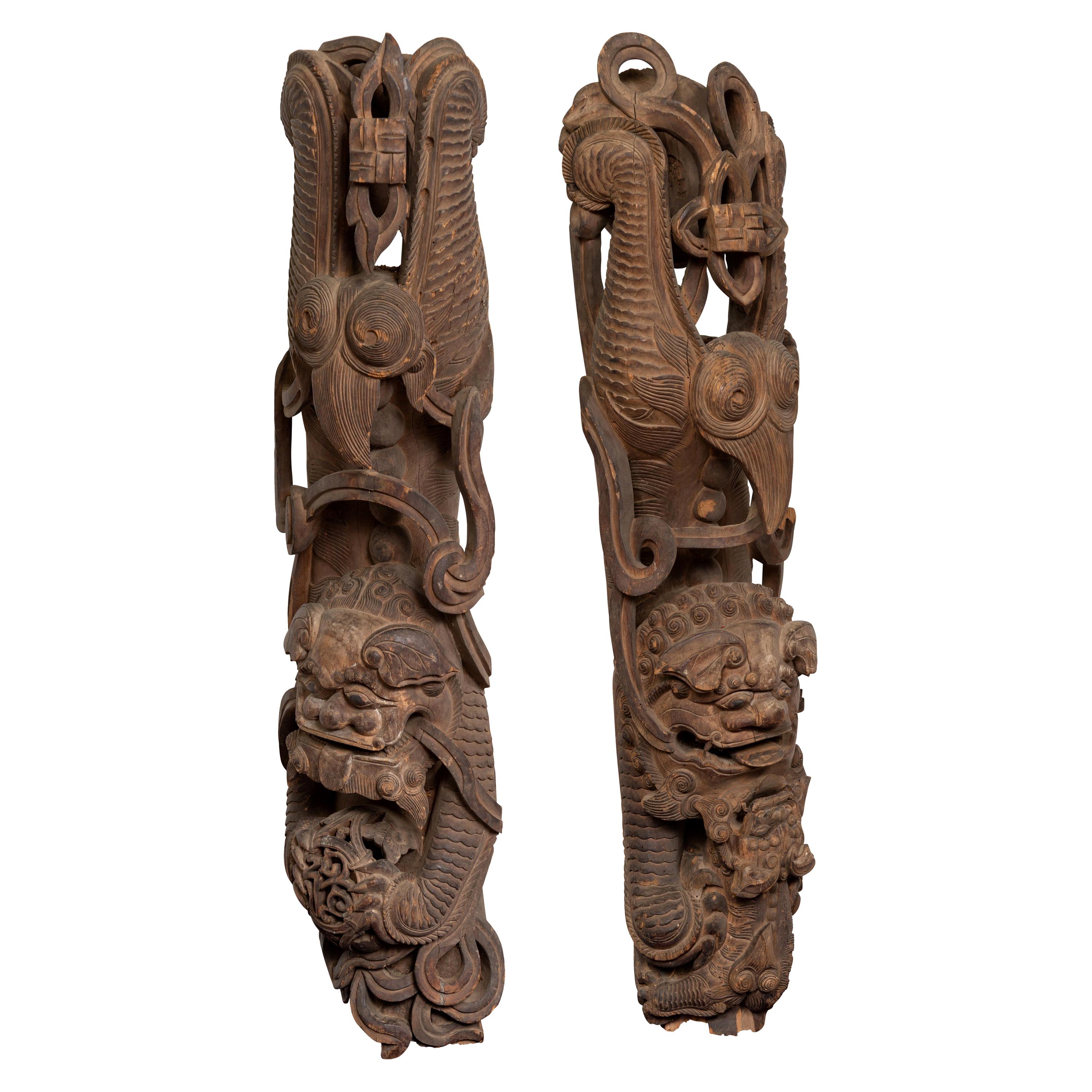 Pair of 19th Century Chinese Guardian Lions Wood Carvings from a Temple Wall