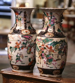 Pair of 19th Century Chinese Hand Painted Glazed Ceramic Vases