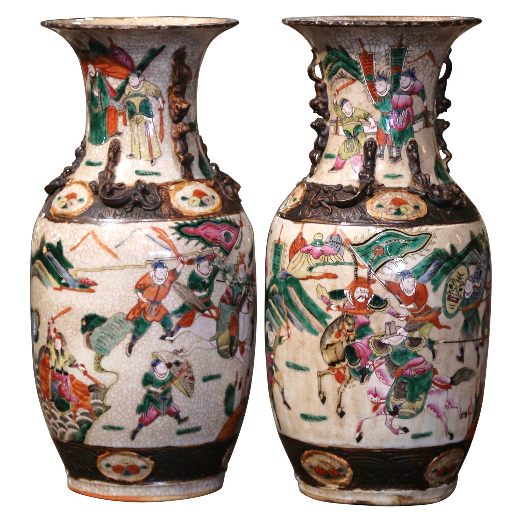 Pair of 19th Century Chinese Hand Painted Glazed Ceramic Vases