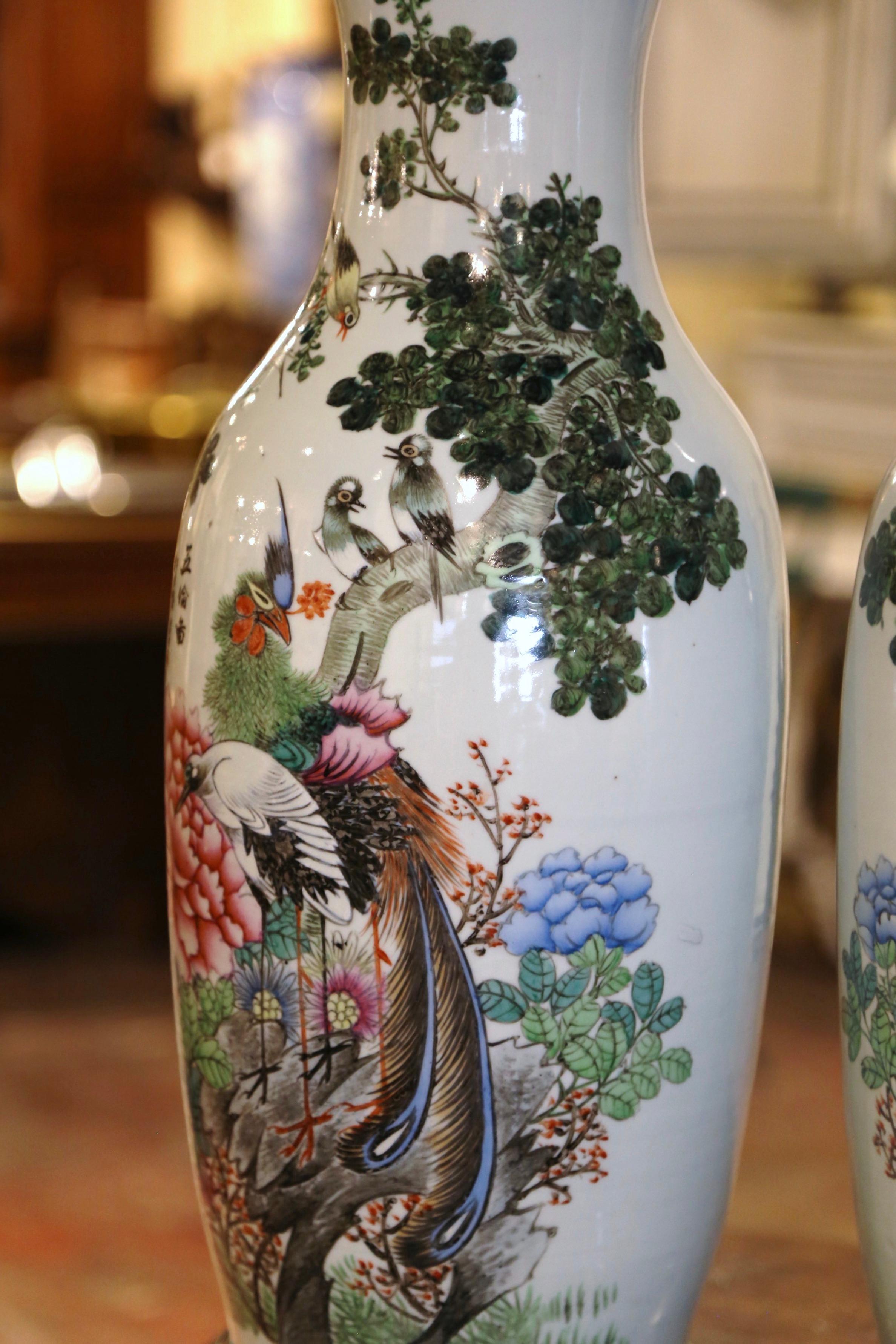 Hand-Crafted Pair of 19th Century Chinese Hand Painted Porcelain Vases on Brass Bases For Sale