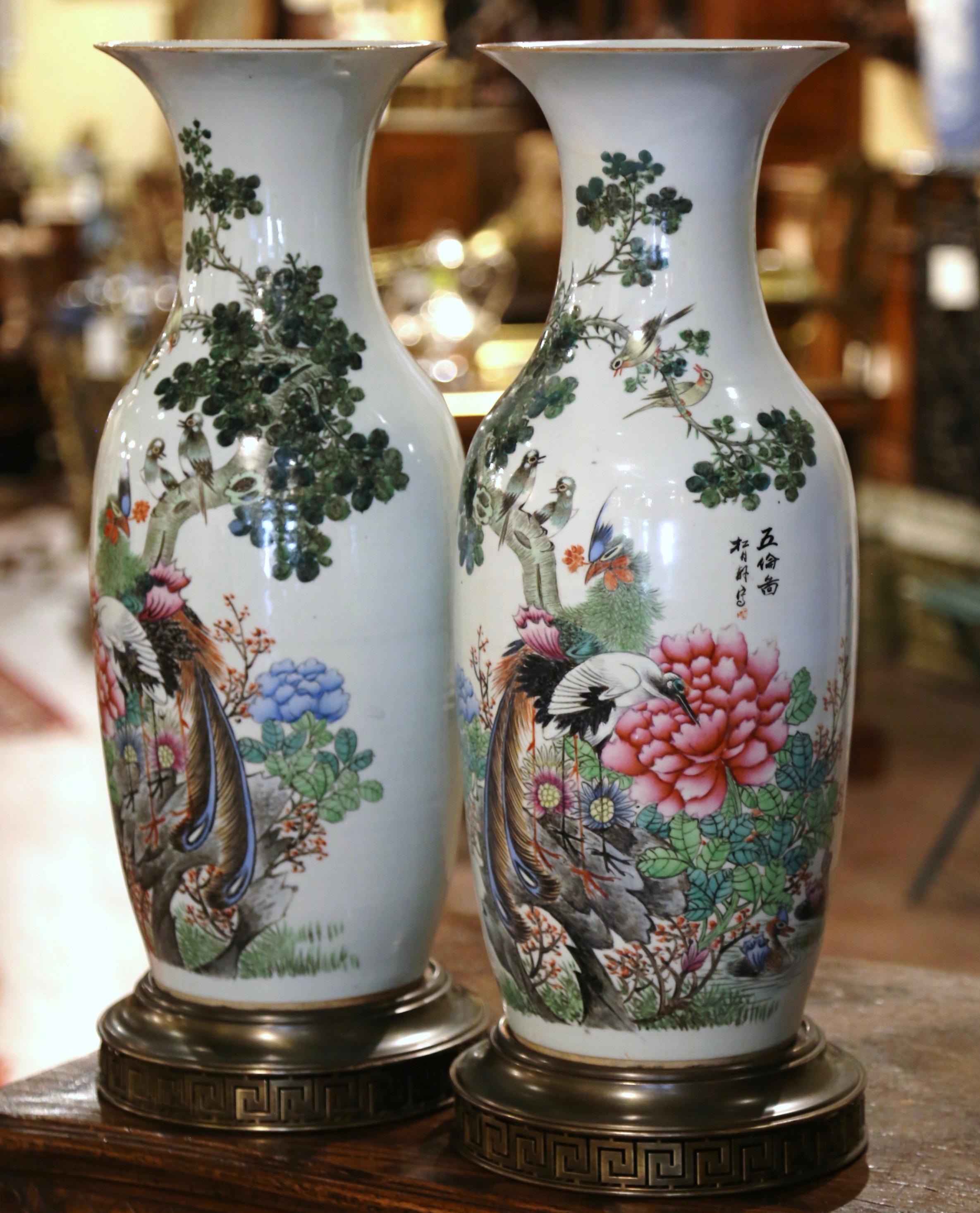 Pair of 19th Century Chinese Hand Painted Porcelain Vases on Brass Bases For Sale 1