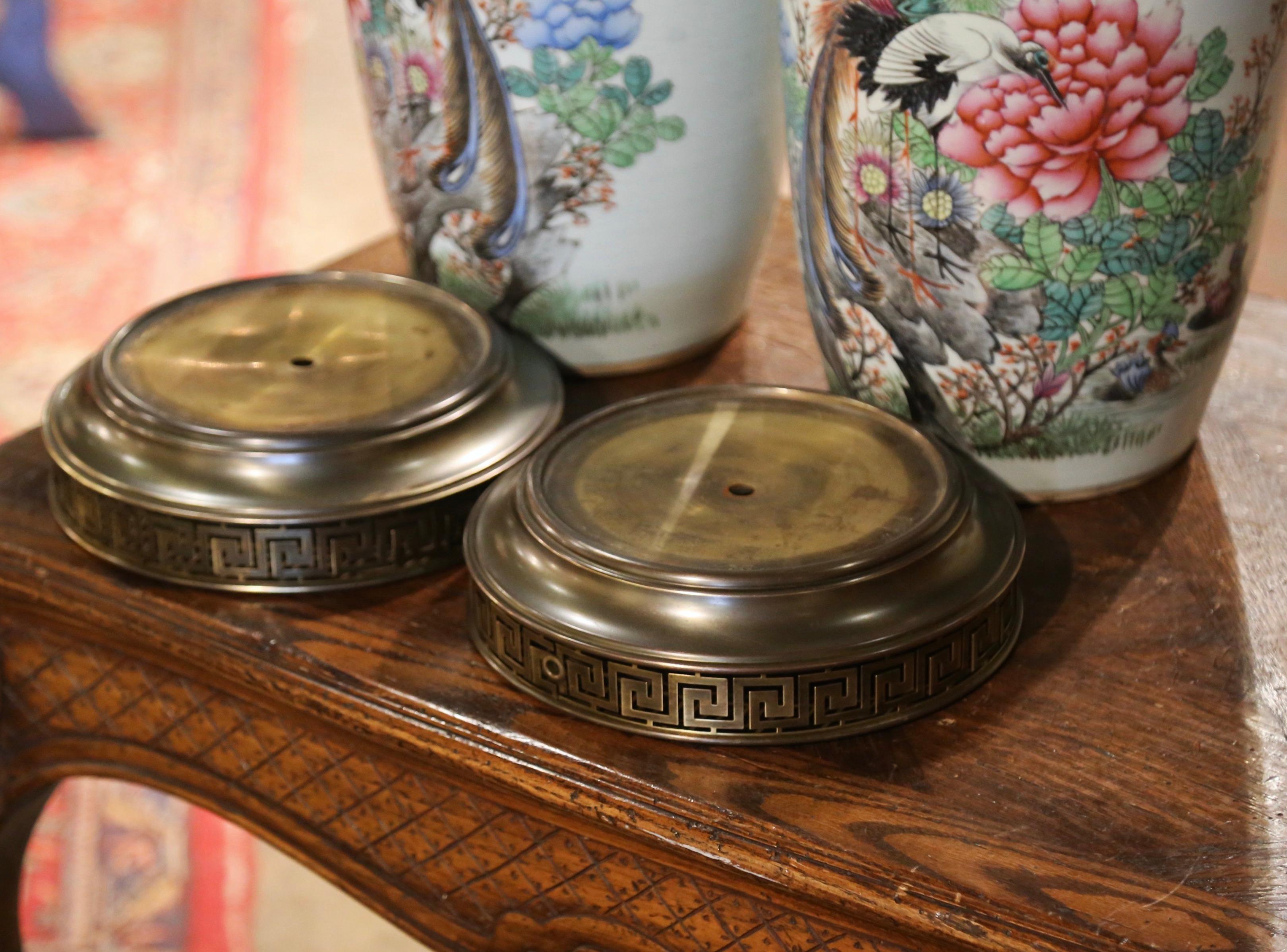 Pair of 19th Century Chinese Hand Painted Porcelain Vases on Brass Bases For Sale 4