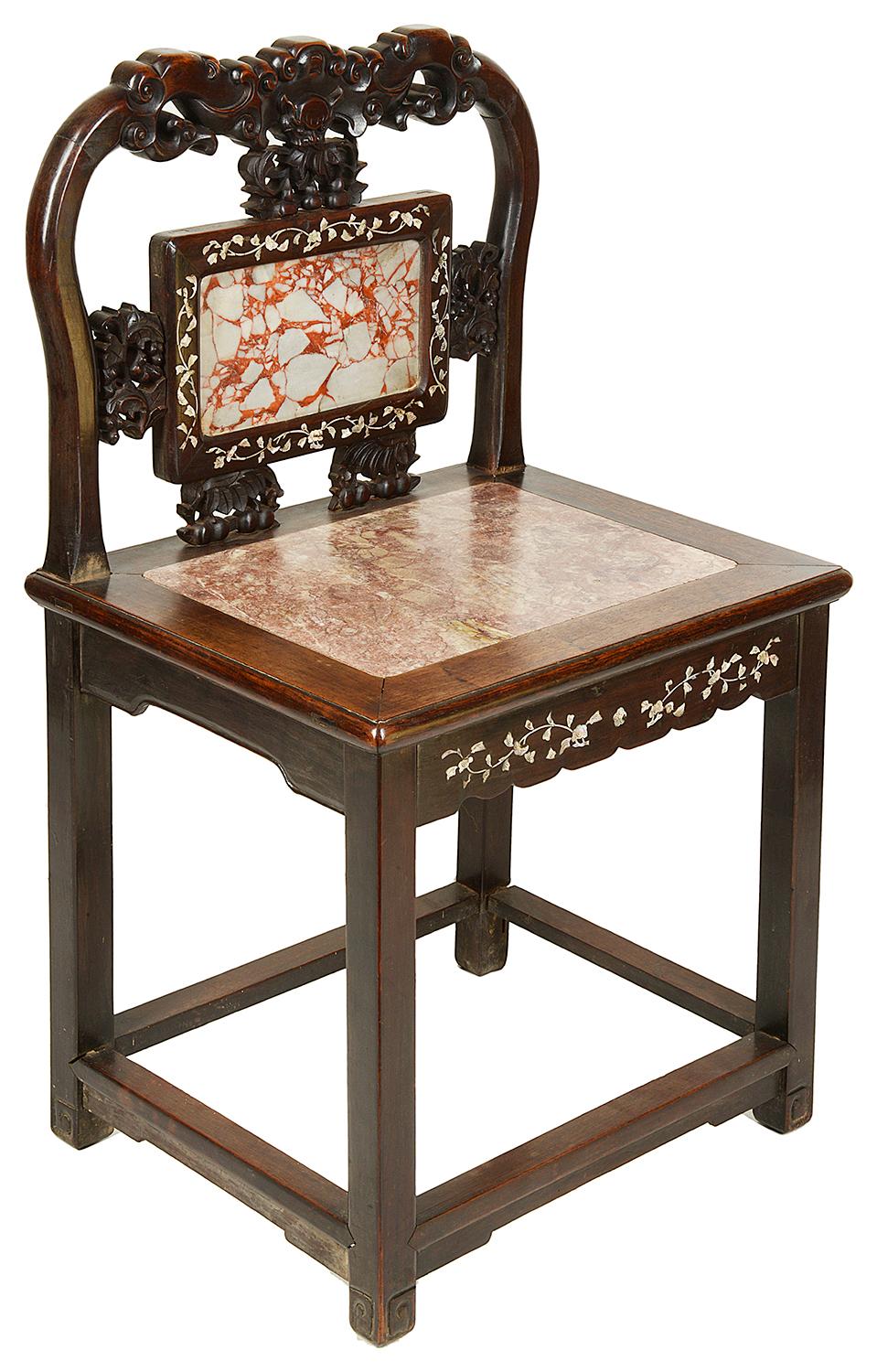 Carved Pair of 19th Century Chinese Hardwood Side Chairs For Sale