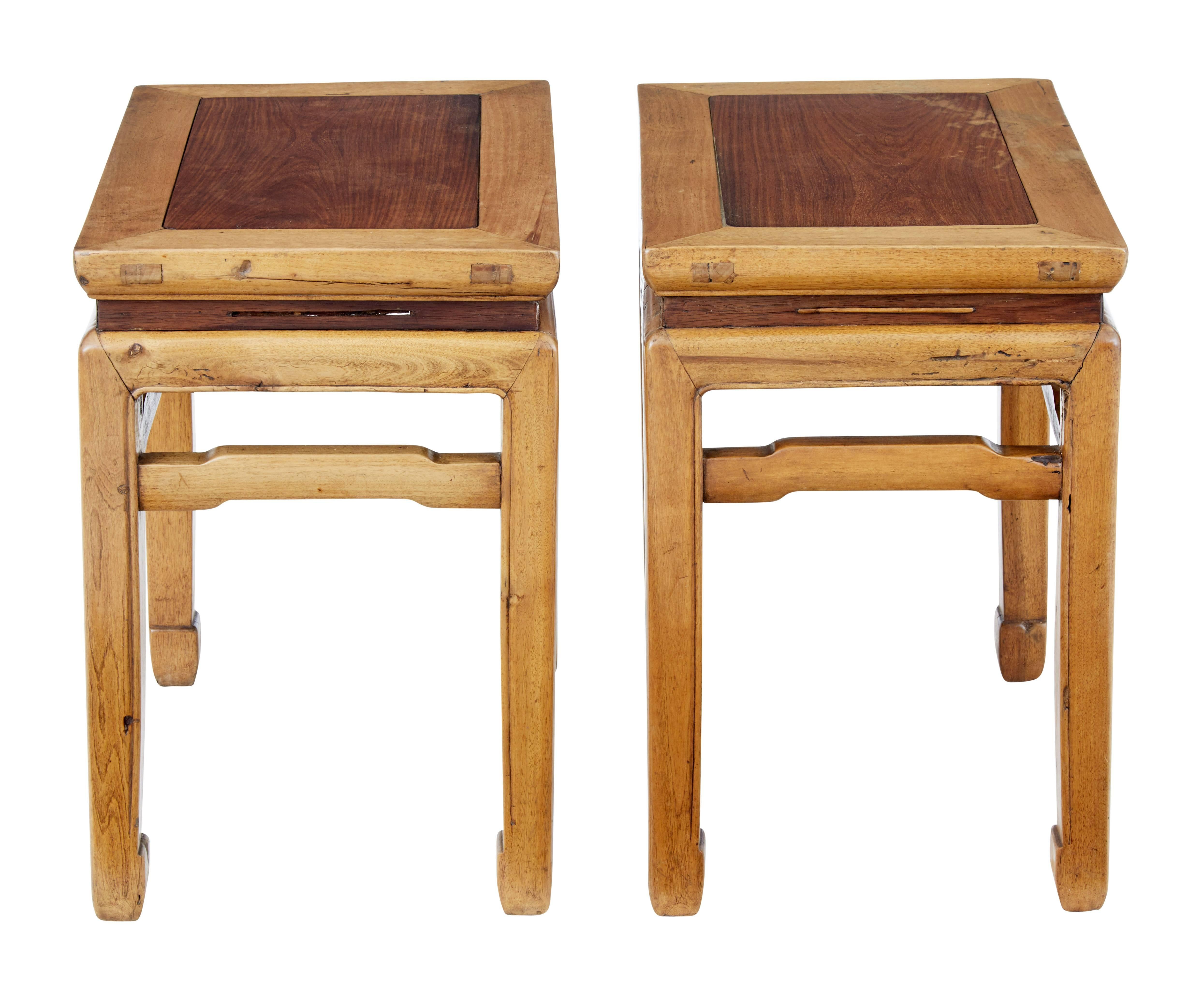 Pair of Chinese stools, circa 1880.

Good quality pair of Chinese export stools which would make ideal lamp tables.

Hardwood similar to elm, with contrasting inset top and band below the top surface.

Some staining to top and minor age