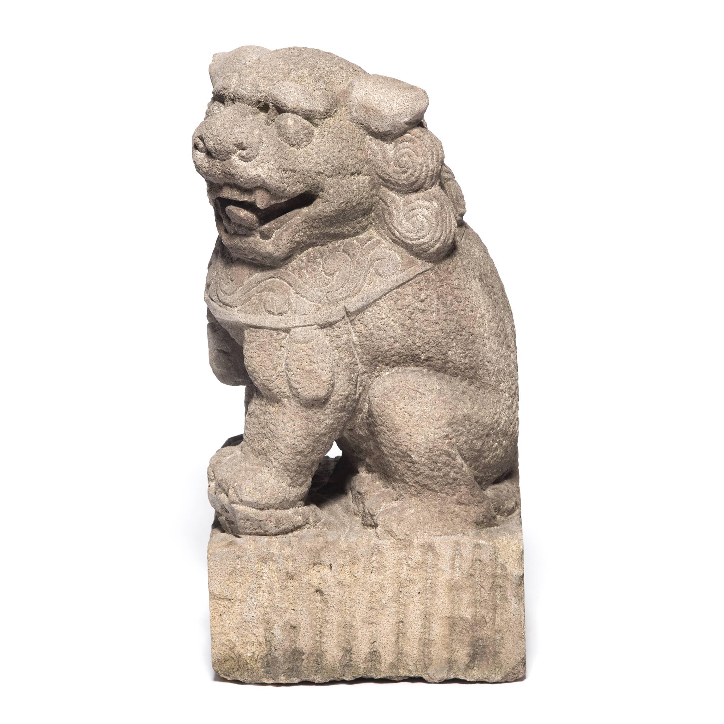Qing Pair of Chinese Stone Fu Dog Protectors, c. 1850