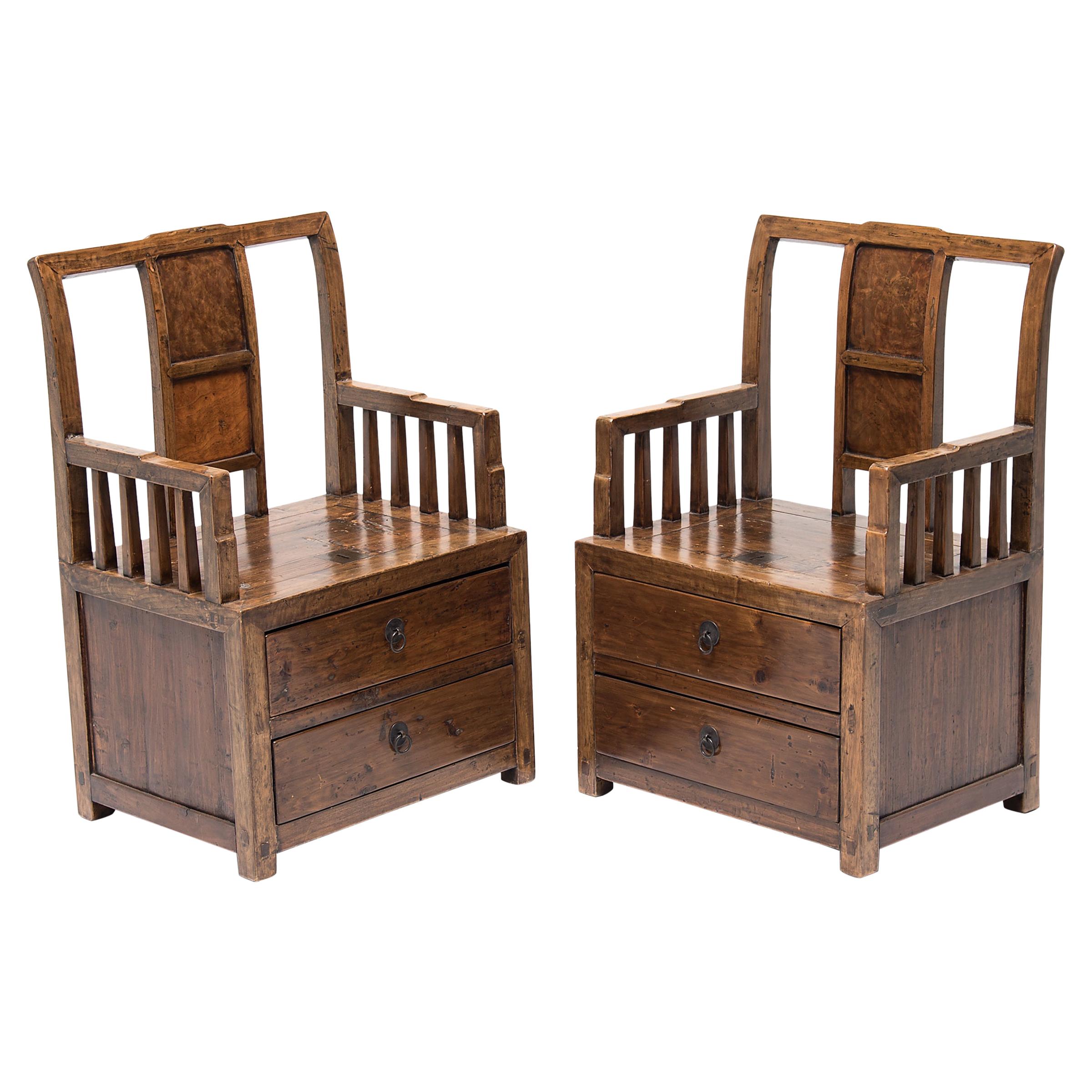 Paar chinesische Händler-Sessel mit Wurzelholz-Intarsien, um 1850