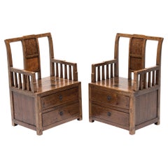 Antique Pair of Chinese Merchant's Armchairs with Burlwood Inlay, c. 1850