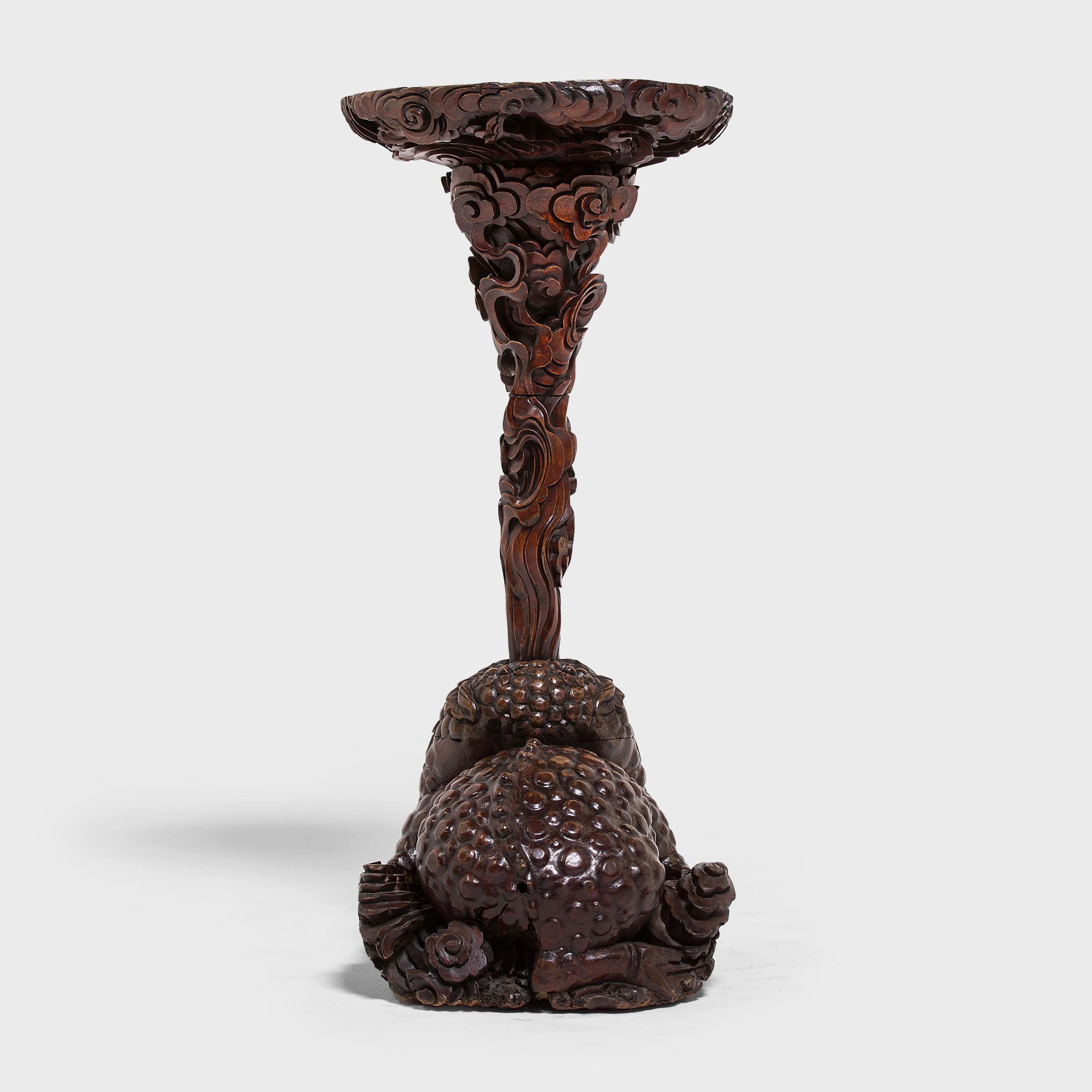 Hand-Carved Pair of 19th Century Chinese Mythical Toad Incense Stands
