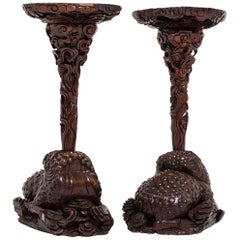 Antique Pair of 19th Century Chinese Mythical Toad Incense Stands