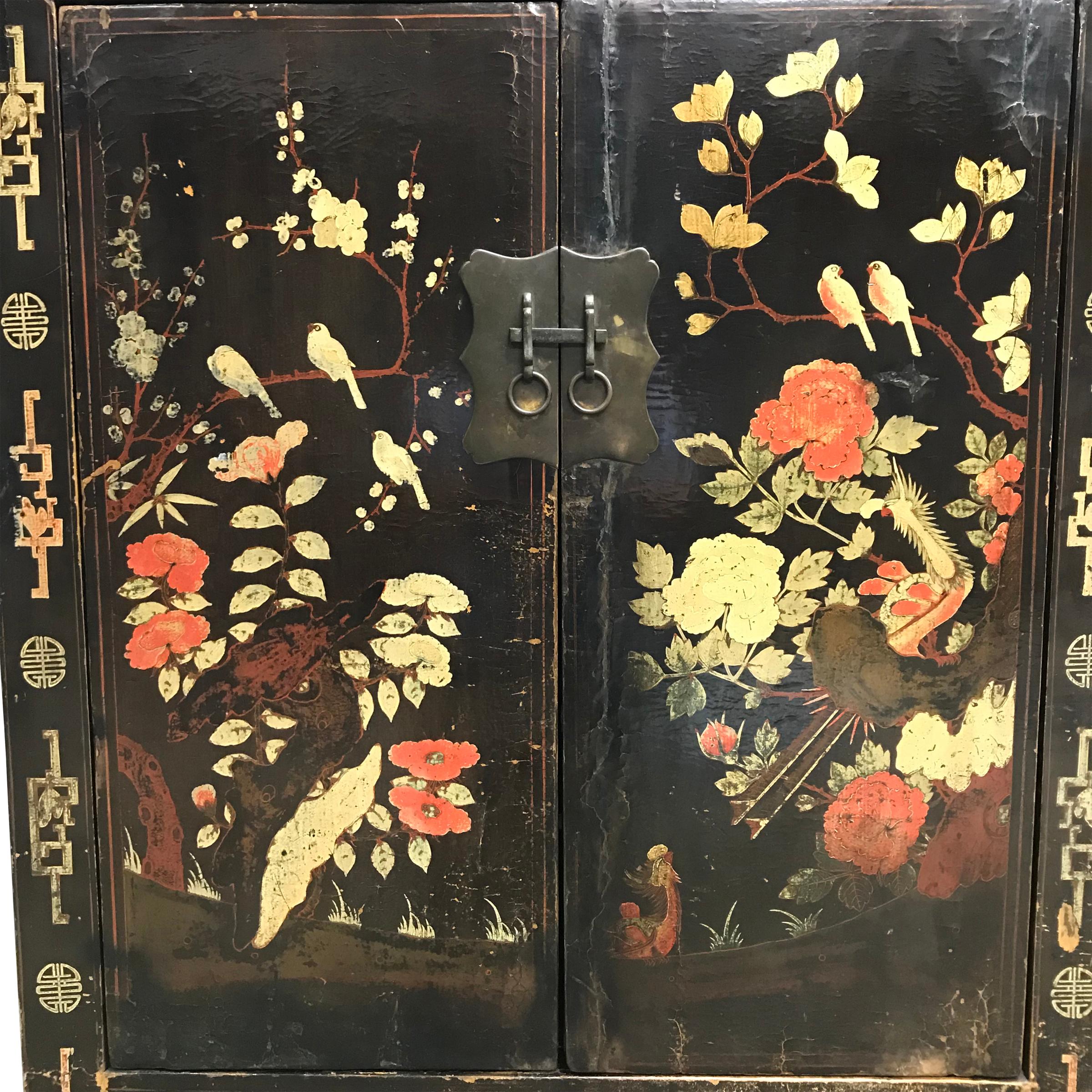 Elm Pair of 19th Century Chinese Painted Cabinets