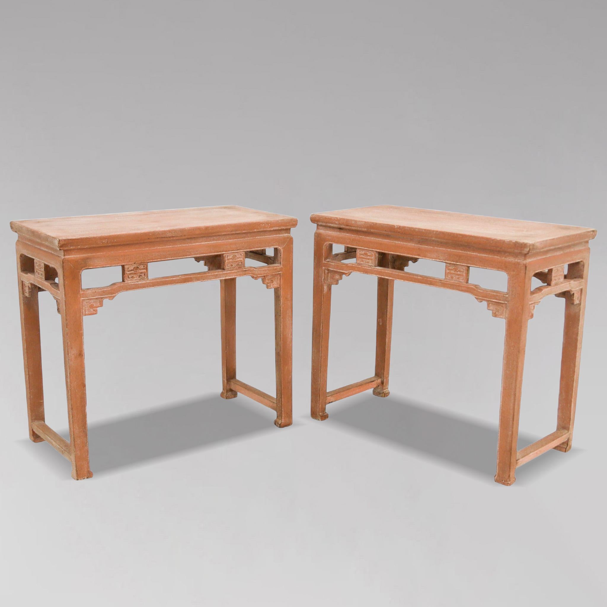 Fine Pair of 19th Century Chines Painted Console Tables

This is a very decorative pair of 19th-century Chinese painted console tables. The tables feature rectangular tops with fine-grained panels set within a waisted broad frame, resting above a