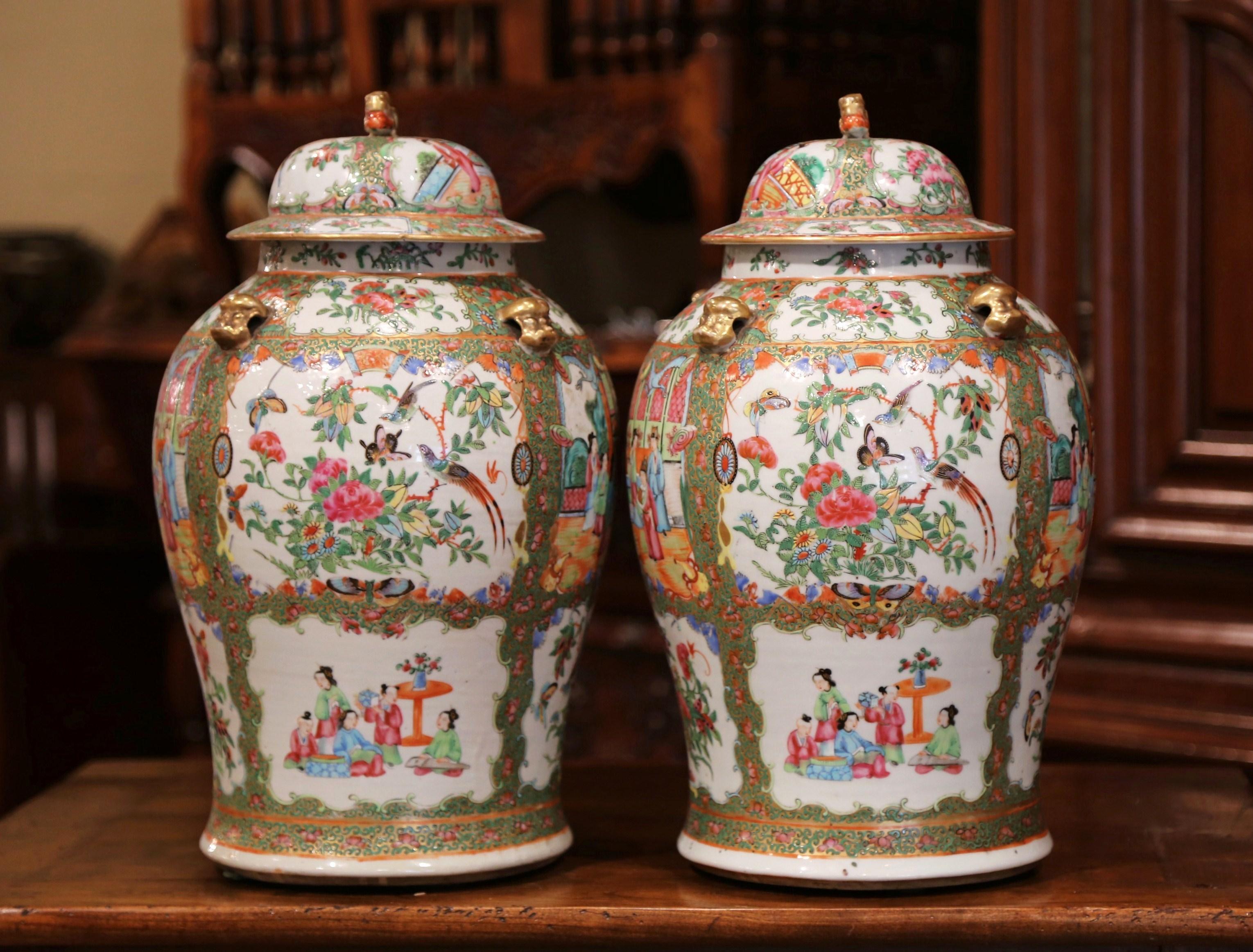 Gilt Pair of 19th Century Chinese Porcelain Famille Rose Jars with Foo Dogs Lids