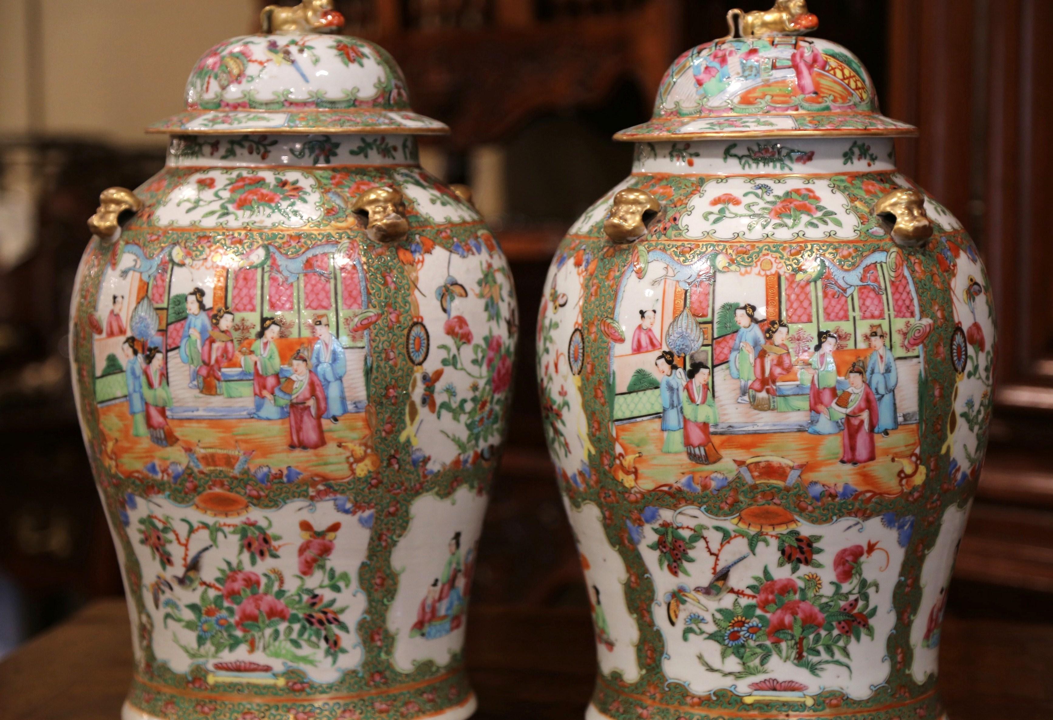 Pair of 19th Century Chinese Porcelain Famille Rose Jars with Foo Dogs Lids 1