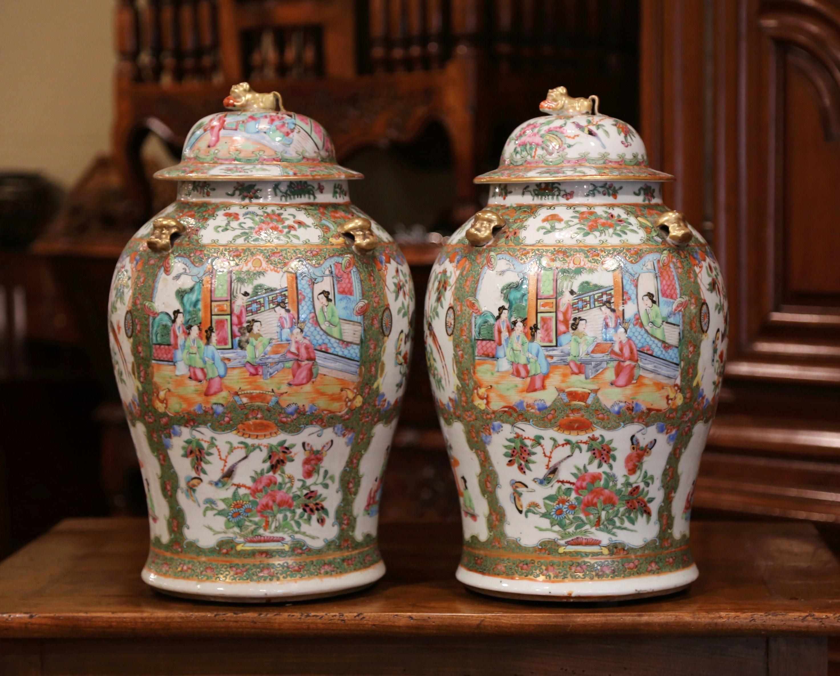 Pair of 19th Century Chinese Porcelain Famille Rose Jars with Foo Dogs Lids 2