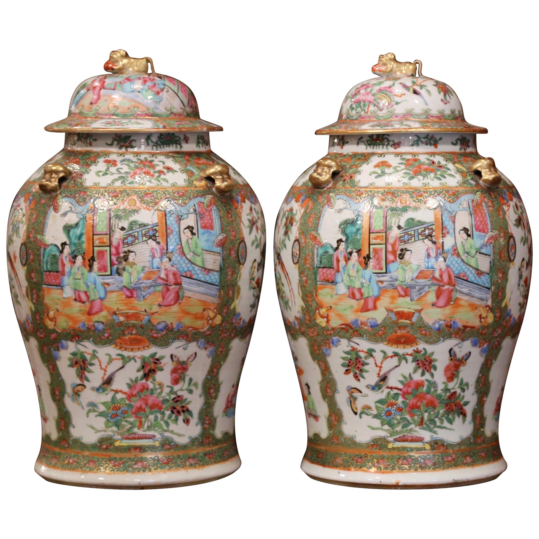 Pair of 19th Century Chinese Porcelain Famille Rose Jars with Foo Dogs Lids