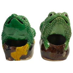 Pair of 19th Century Chinese Porcelain Famille Verte Egg/Spinach Glazed Frogs