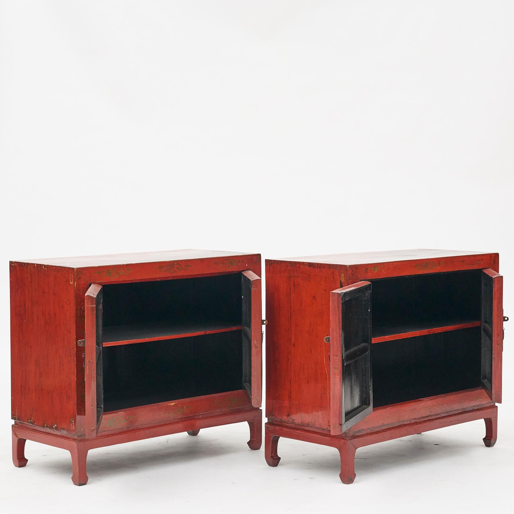 Polychromed Pair of 19th Century Chinese Qing Dynasty Style Cabinets, Original Decorations