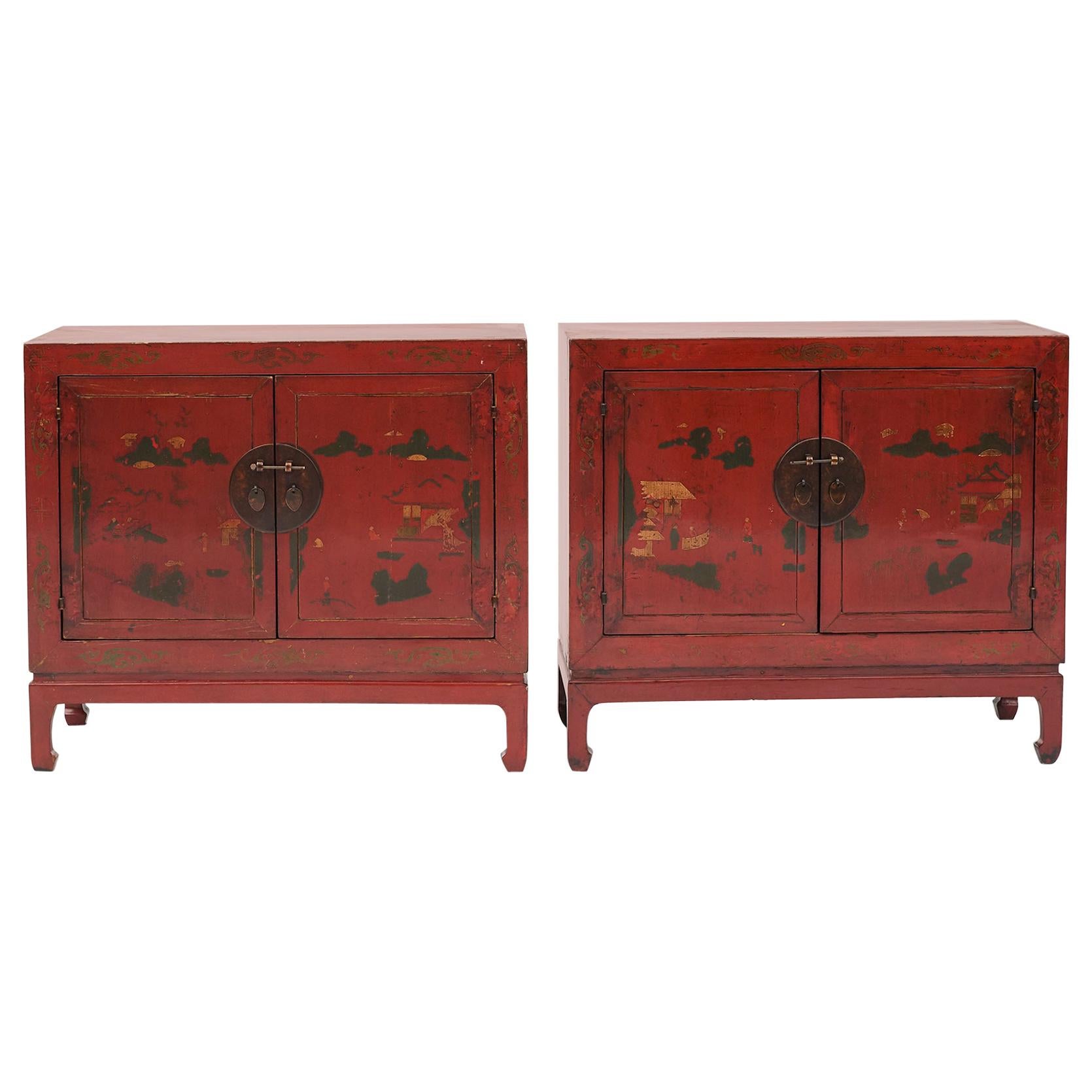 Pair of 19th Century Chinese Qing Dynasty Style Cabinets, Original Decorations