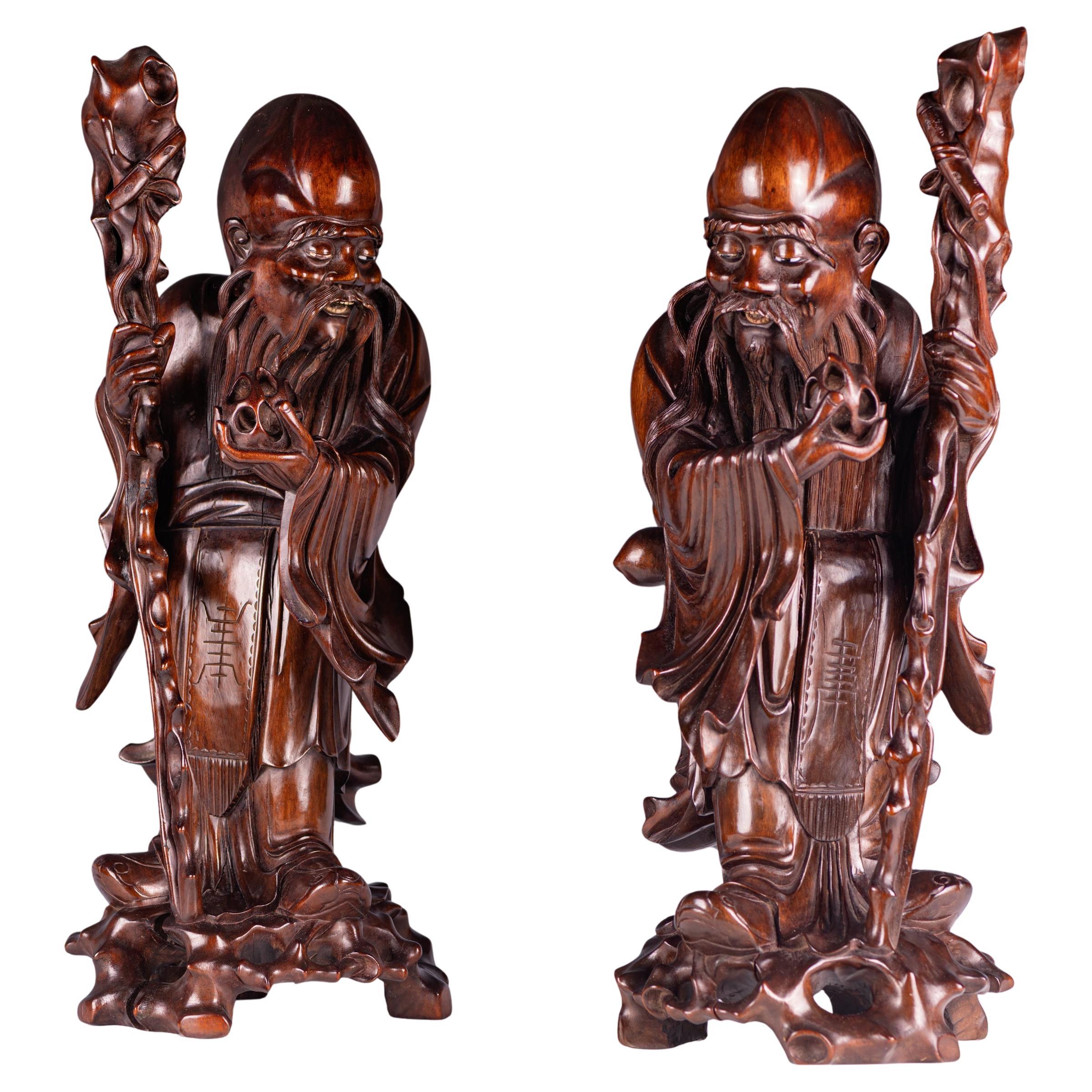 Paire de figurines d'immortels en bois dur de la dynastie chinoise Qing du 19e siècle en vente