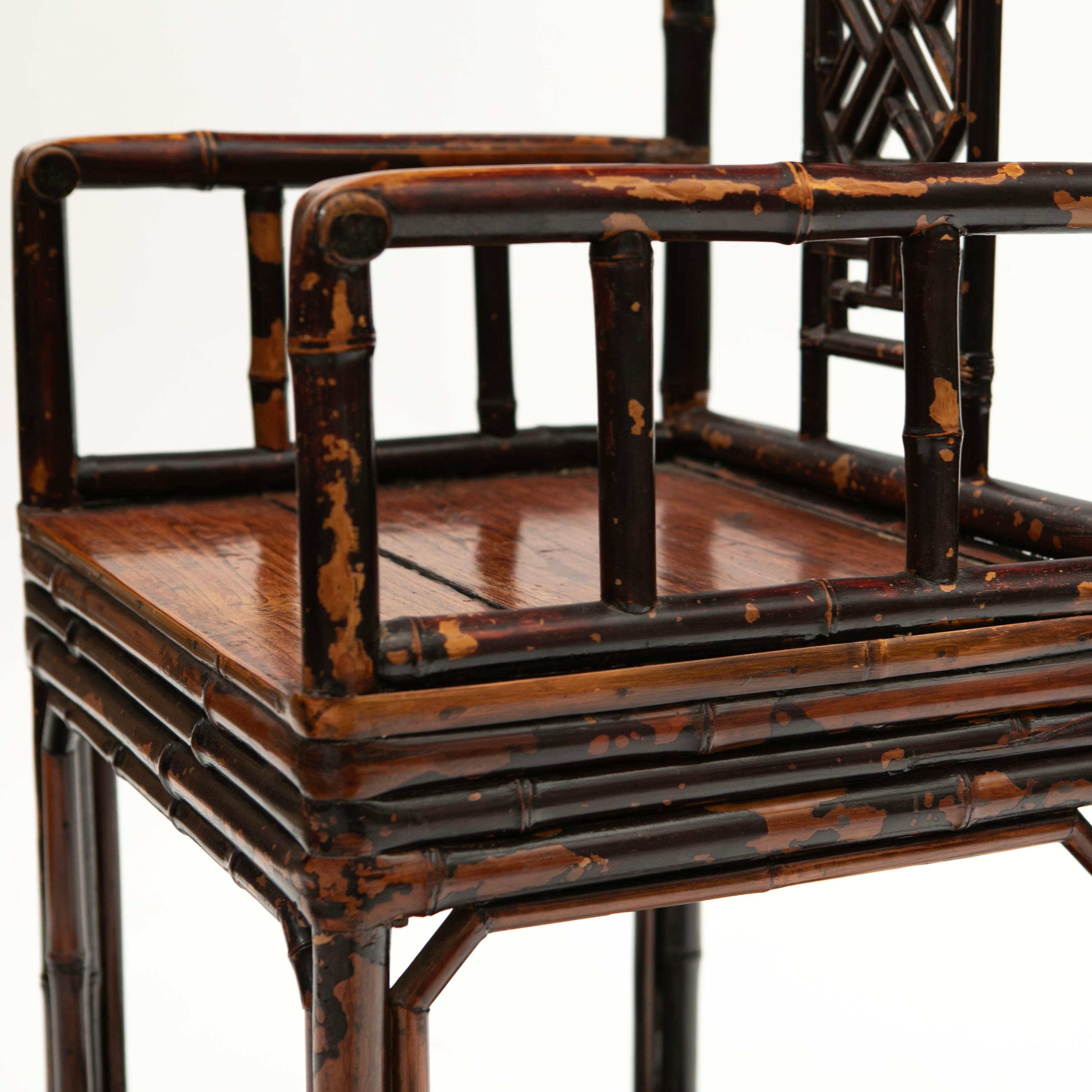 Pair of 19th Century Chinese Qing Period Bamboo Arm Chairs with Burgundy Lacquer For Sale 7