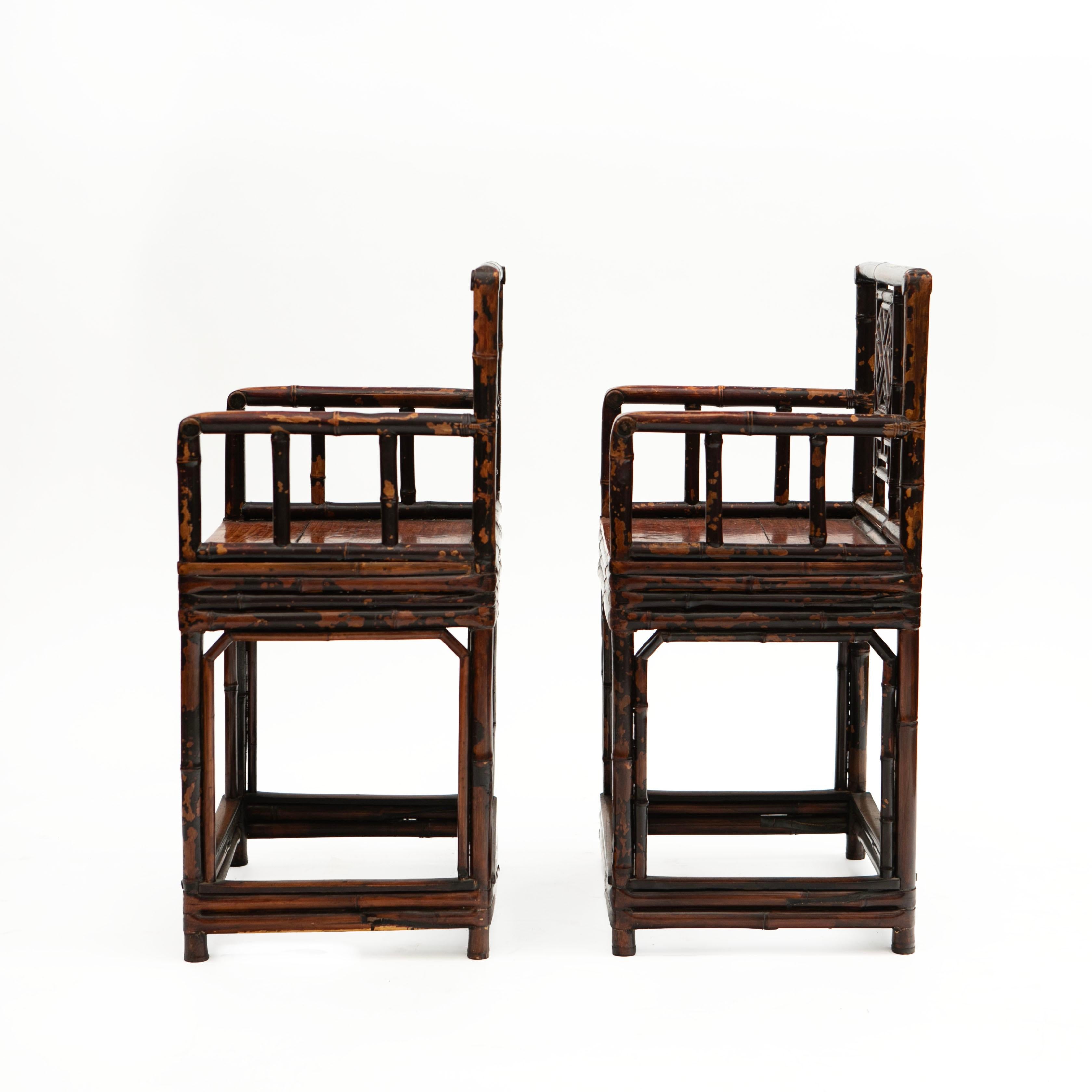 Pair of 19th Century Chinese Qing Period Bamboo Arm Chairs with Burgundy Lacquer For Sale 1