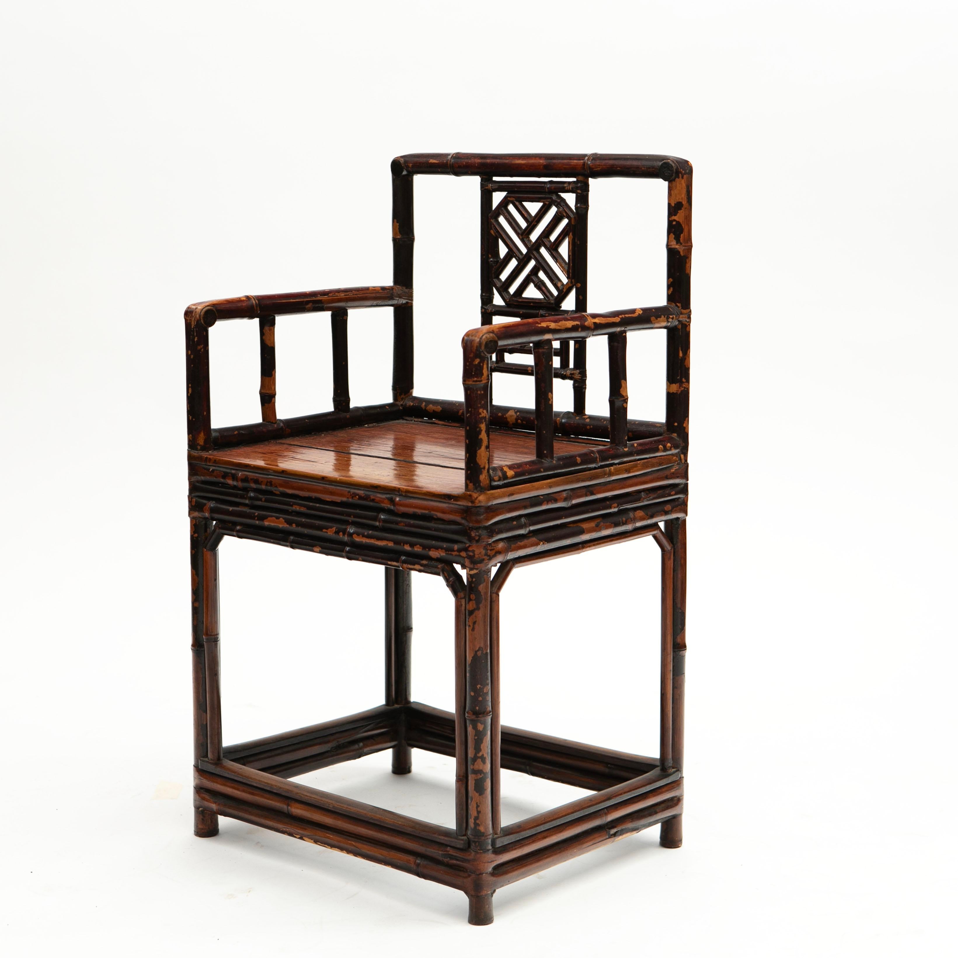 Pair of 19th Century Chinese Qing Period Bamboo Arm Chairs with Burgundy Lacquer For Sale 2