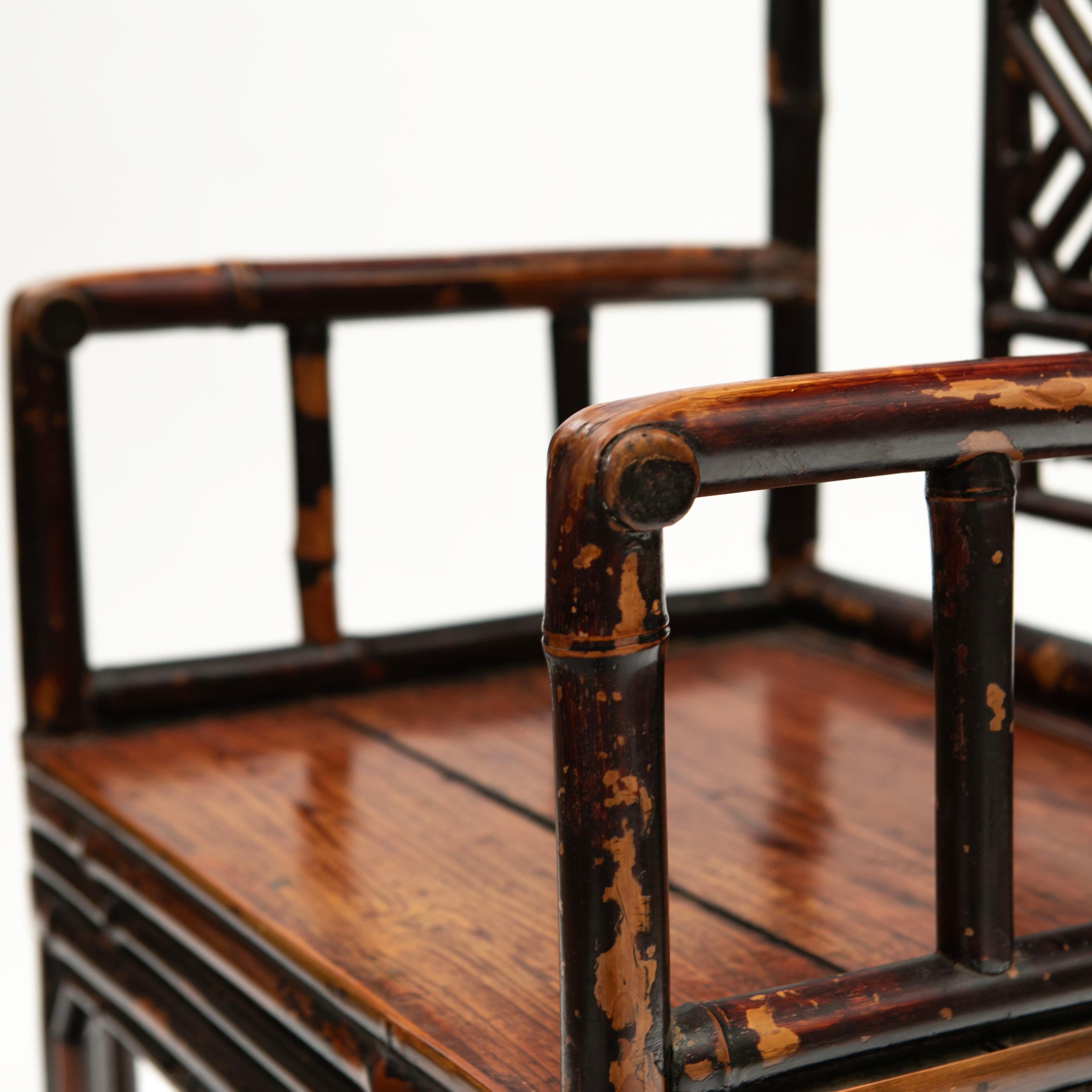 Pair of 19th Century Chinese Qing Period Bamboo Arm Chairs with Burgundy Lacquer For Sale 4