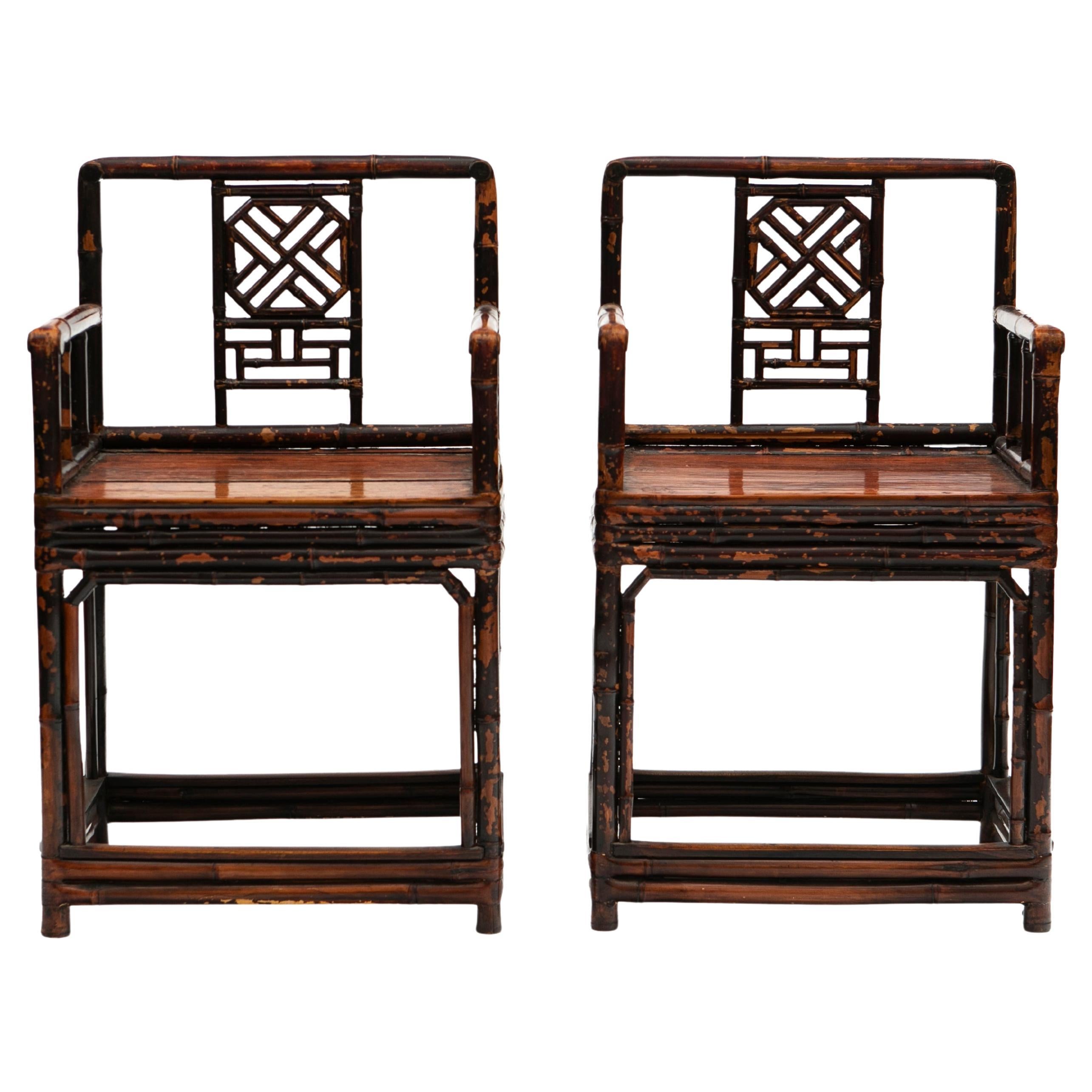 Pair of 19th Century Chinese Qing Period Bamboo Arm Chairs with Burgundy Lacquer