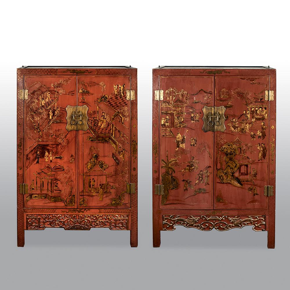 Pair of 19th Century Chinese Red Gilt Lacquered Cabinets/Bookcases 7