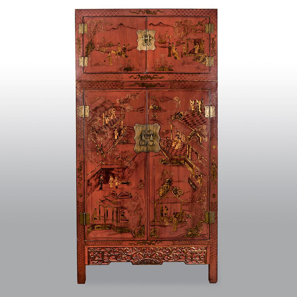 Qing Pair of 19th Century Chinese Red Gilt Lacquered Cabinets/Bookcases