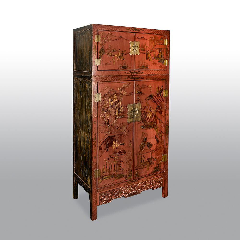 Other Pair of 19th Century Chinese Red Gilt Lacquered Cabinets/Bookcases