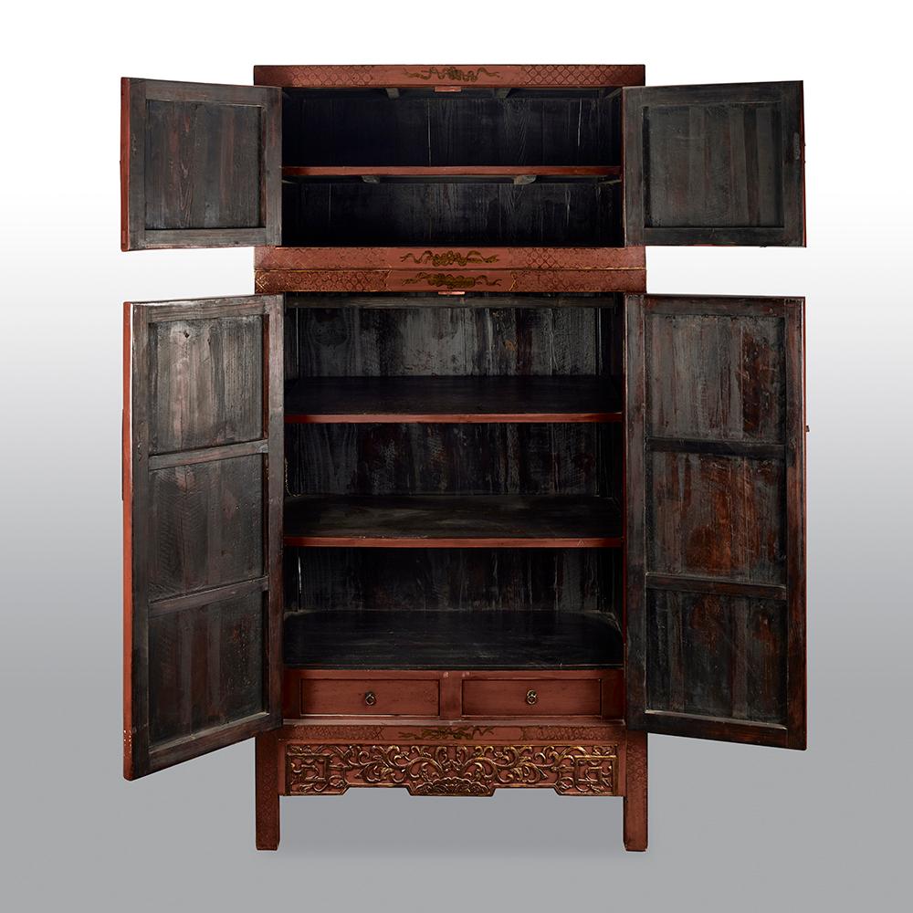 Elm Pair of 19th Century Chinese Red Gilt Lacquered Cabinets/Bookcases