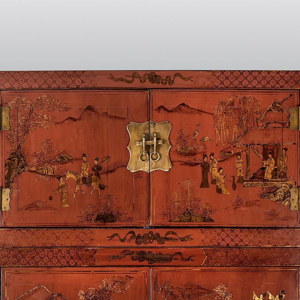 Pair of 19th Century Chinese Red Gilt Lacquered Cabinets/Bookcases 2