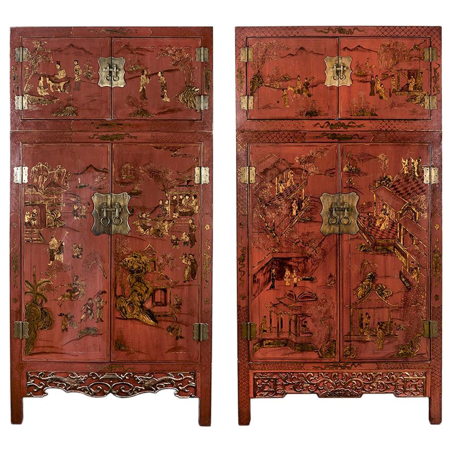 Pair of 19th Century Chinese Red Gilt Lacquered Cabinets/Bookcases