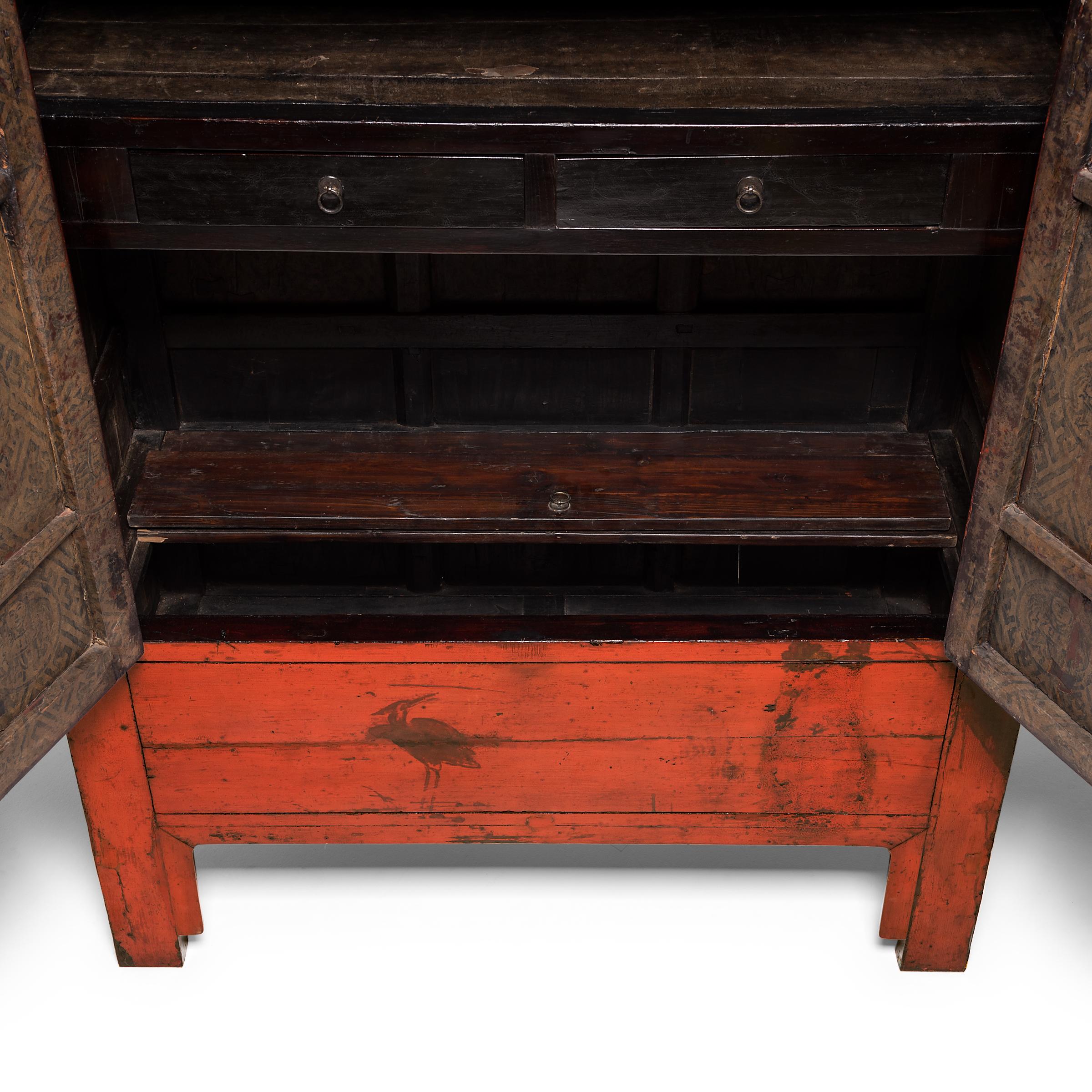 Pair of Chinese Red Lacquer Cabinets with Birds in Flight, c. 1850 For Sale 2